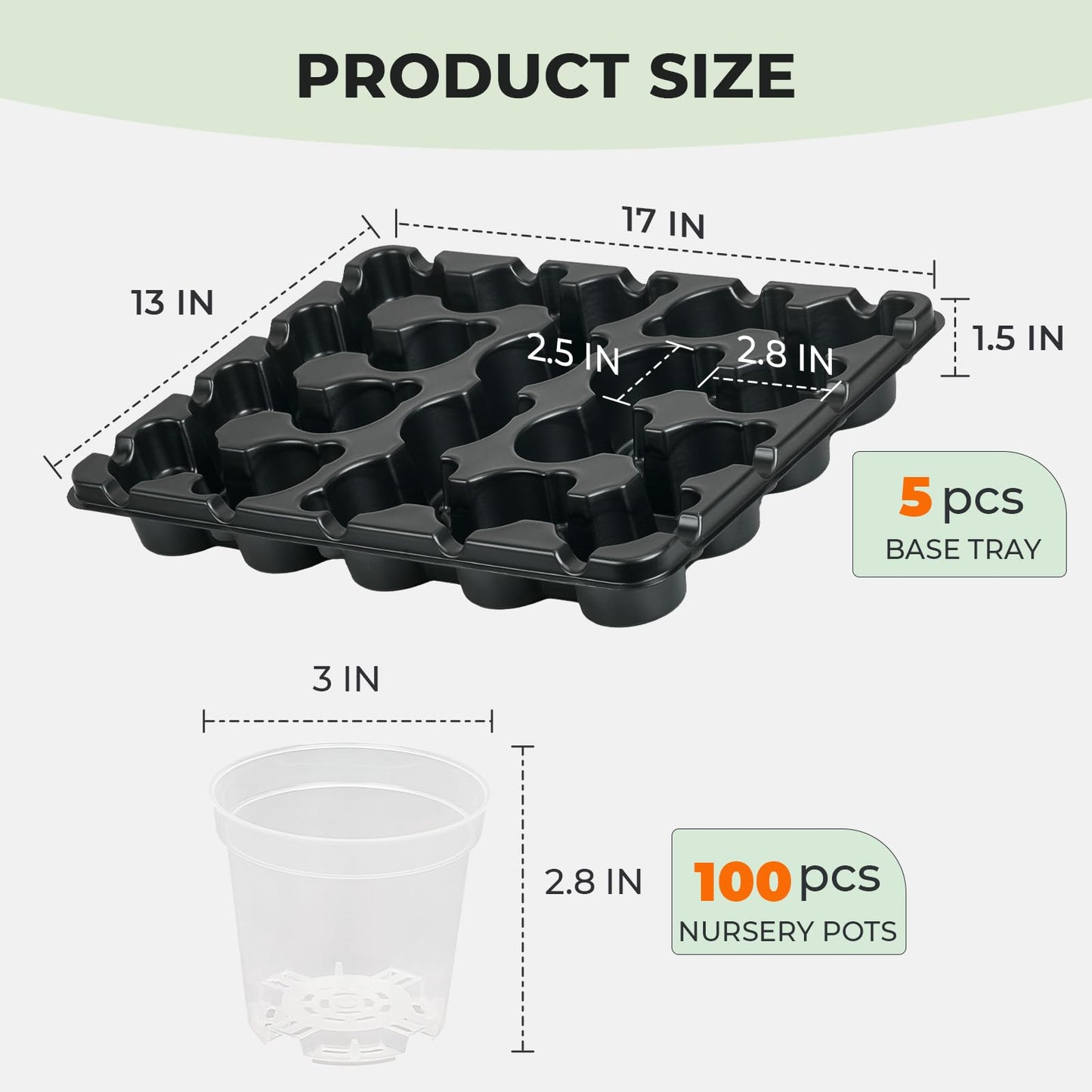 homenote 3 Inch Seed Starting Trays with Clear Nursery Pots, 5-Pack 20-Cell Seedling Starter Trays & 3" Nursery Pots 100 Pcs with Drainage, Plant Starter Germination Trays for Indoor Outdoor Growing