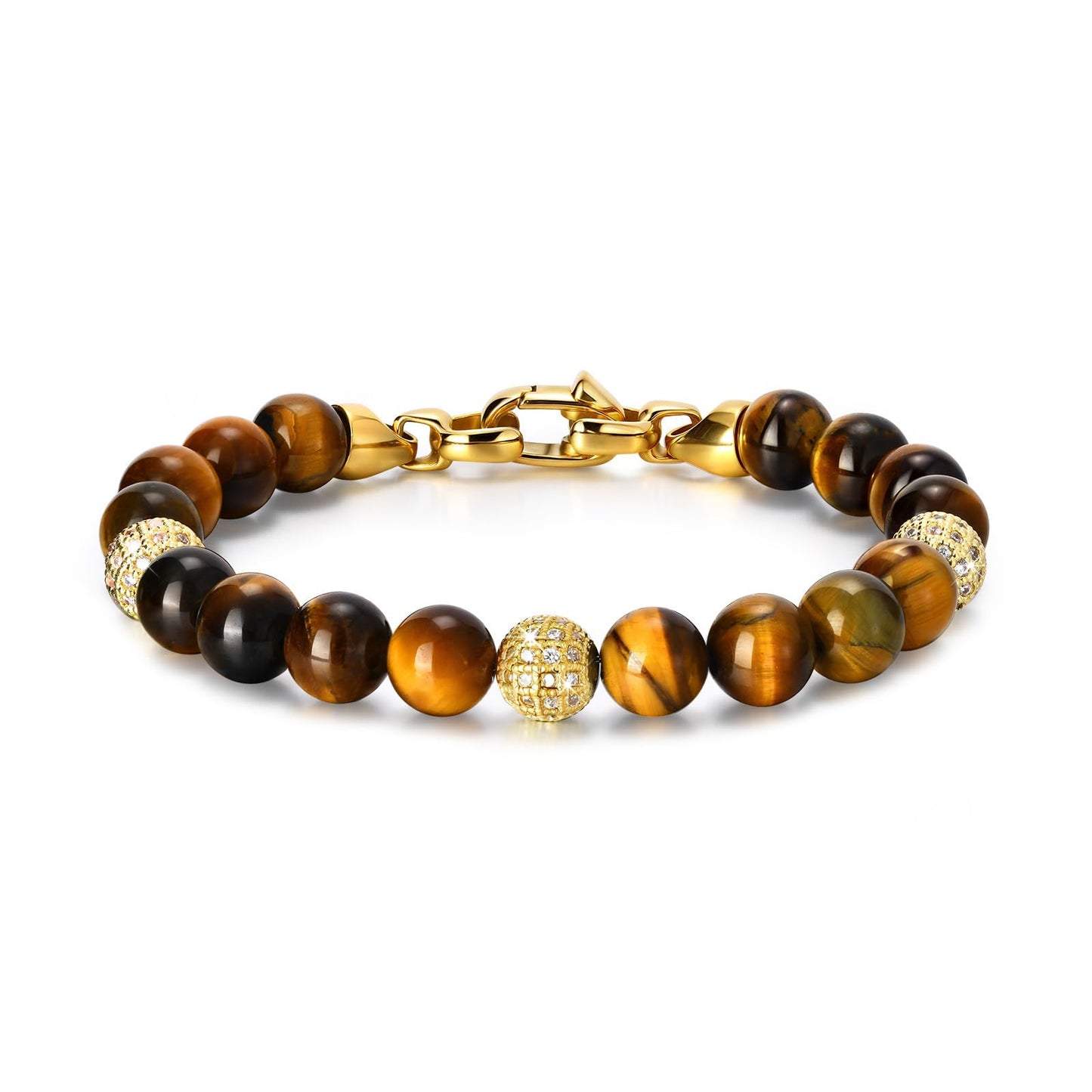 Gifts for Men-Tiger's Eye Stone Beaded Bracelet,Real 8mm Natural Gemstone Chain Beads Bracelets with Stainless Steel Clasp,Designer Jewelry Gift for Boyfriend Husband Son,Birthday Anniversary,8.25''