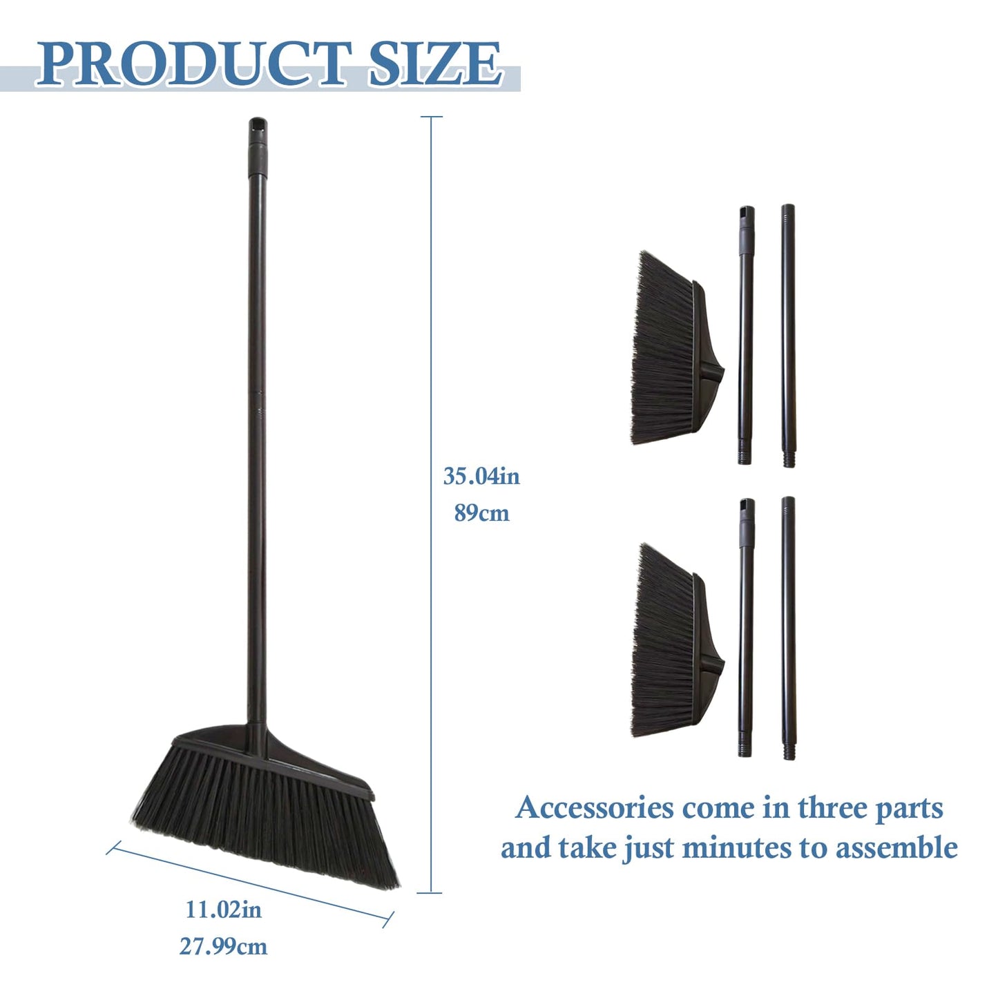 Primero Basics Black Broom for Floor Cleaning, 35" Heavy Duty Iron Handle Angled Broom with Stiff Bristles, Manual Sweeper for Kitchen, Apartment, RV, Small Spaces, Indoor Outdoor Use, 2 Pack