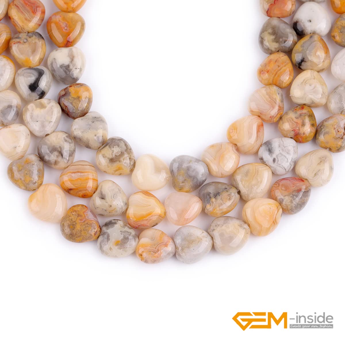 GEM-Inside 10mm Heart Charms Natural Yellow Crazy Lace Agate Gemstone Stone Beads for Jewelry Making Full 15" Strand Power Energy Healing Chakra Stone Beads