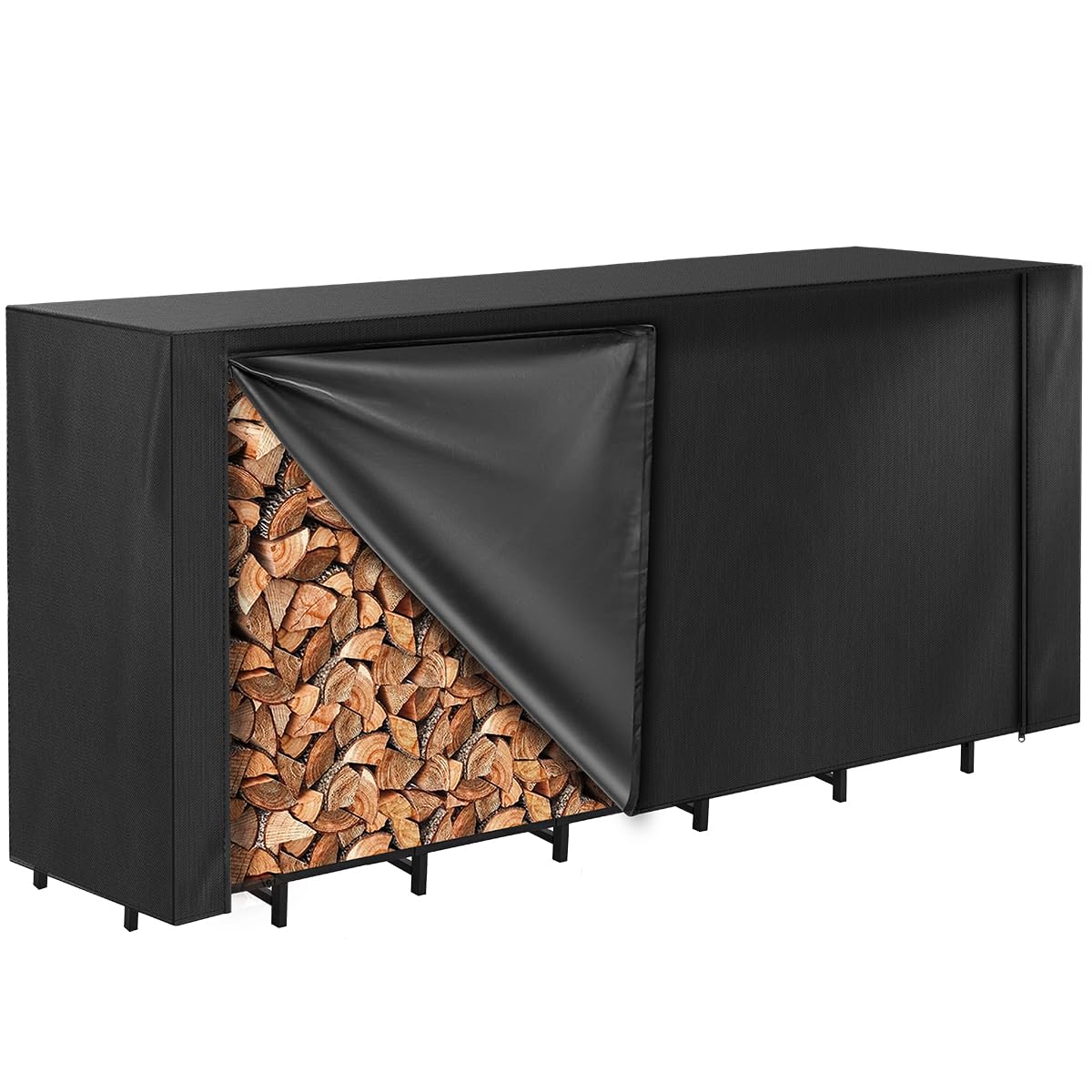 Vailge Firewood Rack Cover 8FT, Waterproof Firewood Rack Outdoor Cover with Full Front Zipper & Windproof Straps, Heavy Duty 600D Oxford Log Protector for All Seasons