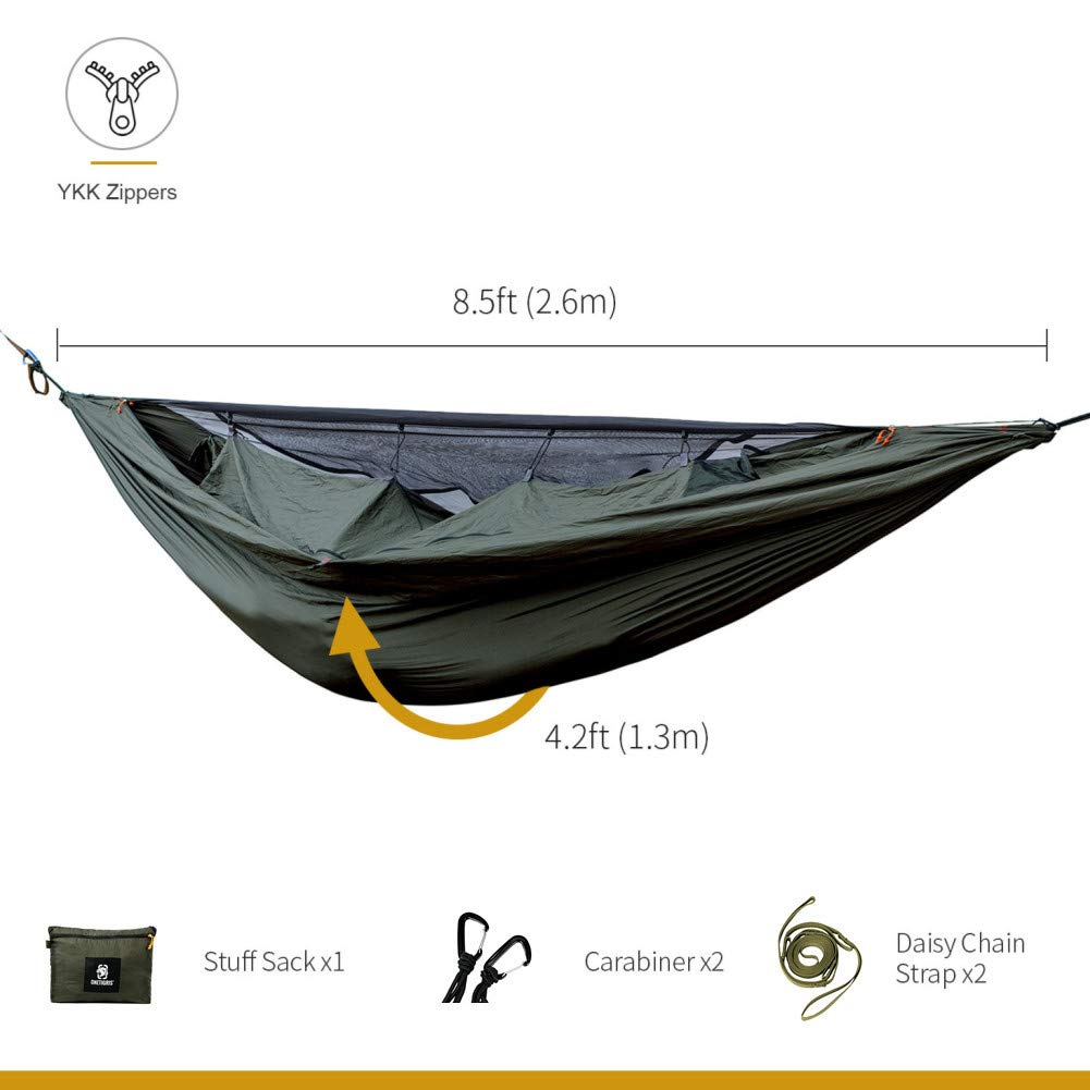 OneTigris KOMPOUND Camping Hammock with Net, Lightweight Portable Hammock with Warm Internal Cover & Tree Friendly Straps for Backpacking, Camping, Hiking, Travel, Beach, Backyard Od Green