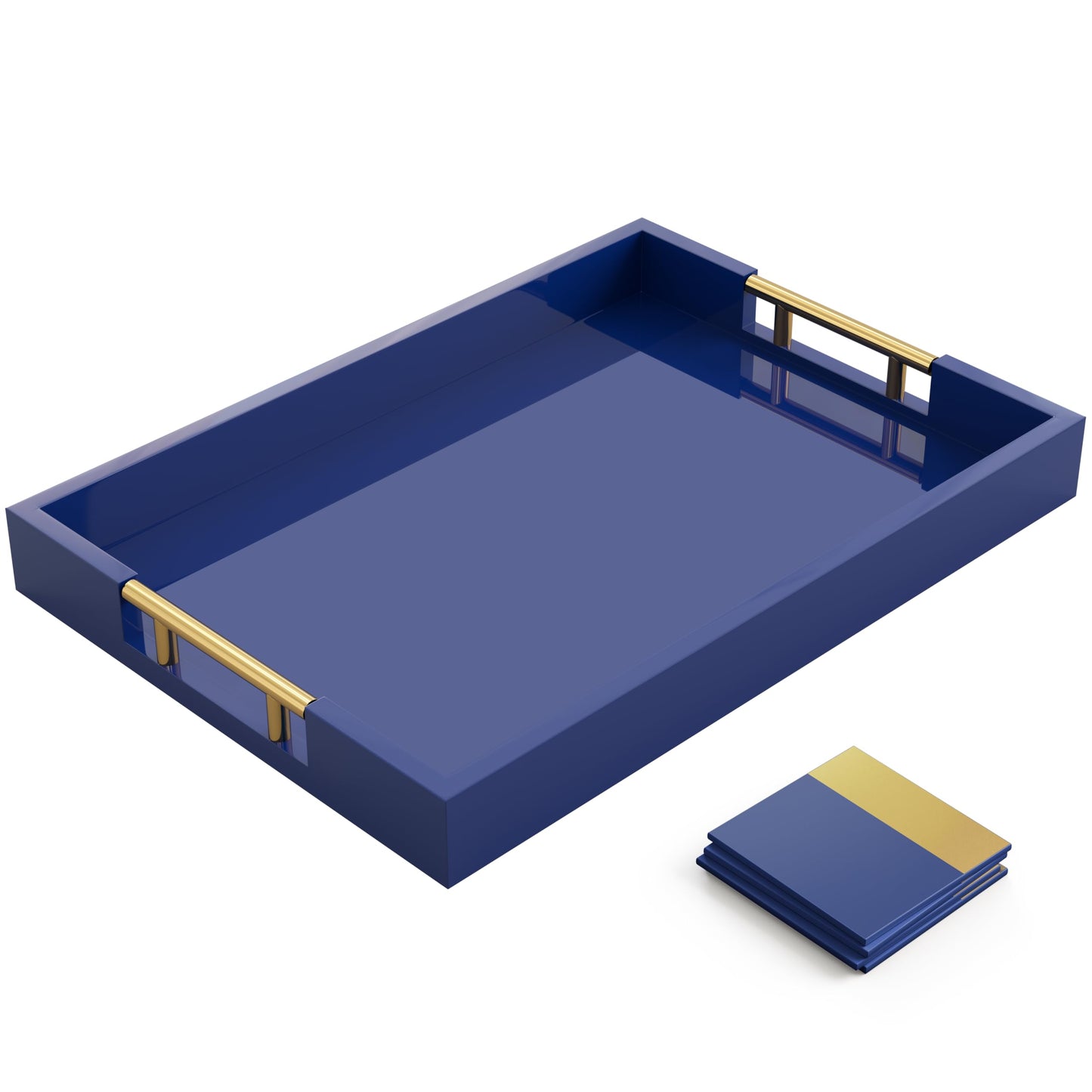 Wood Serving Tray with Gold Polished Metal Handles, Home Decorative Wooden Rectangle Ottoman Decor Platter Bathroom Vanity Tray for All Occasions Gloss Finish, 16"x12", Navy Blue