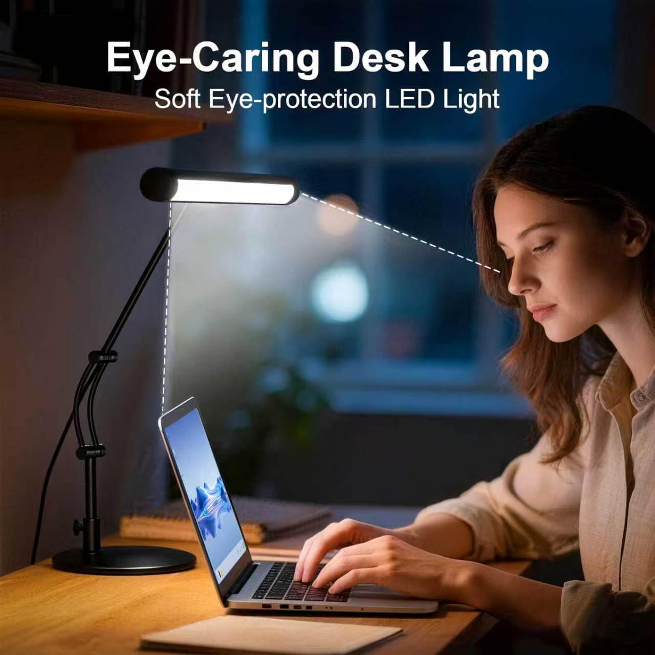 LED Desk Lamp, 10W Eye-Caring Task Light for Home Office, Metal Build with Frosted Texture & Stable Base, 3 Color Modes, 10 Brightness Levels, Flexible Adjustment & Memory, USB Adapter Included, Black
