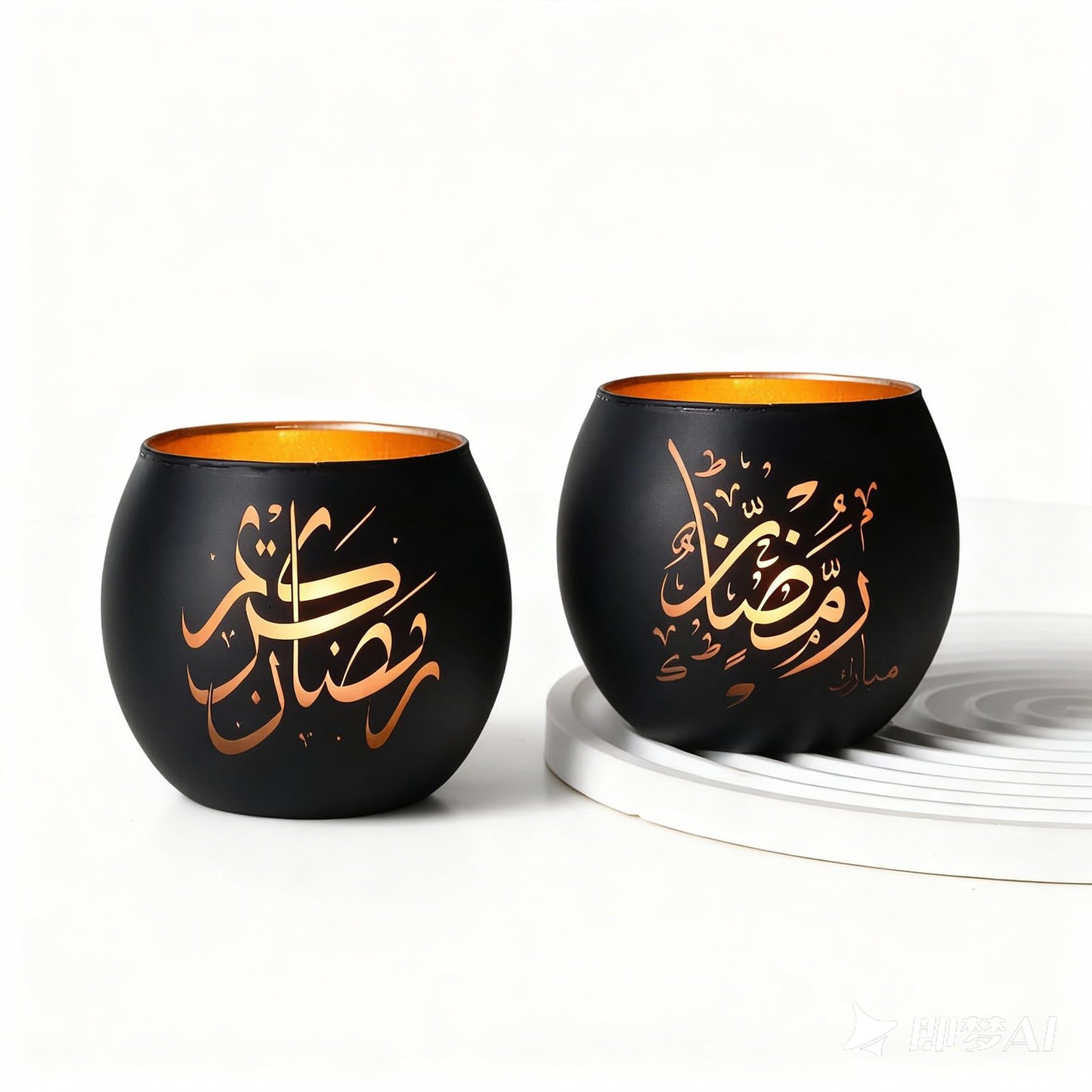 Eid Mubarak Decorations Indoor, Arabic Calligraphy 4 Pcs Laser Etched Glass Tealight Candle Holders, Ramadan Kareem & Ramadan Mubarak Votive Holders for Table Decor, Islamic Gifts