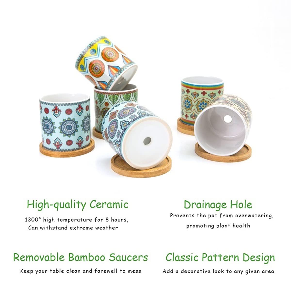 COLOAPT Succulent Plant Pots - 3.1 inch Ceramic Succulent Planter -Cylinder Flower Pots for Cactus with Drainage Hole and Bamboo Tray,6 Pack,Plants not Included