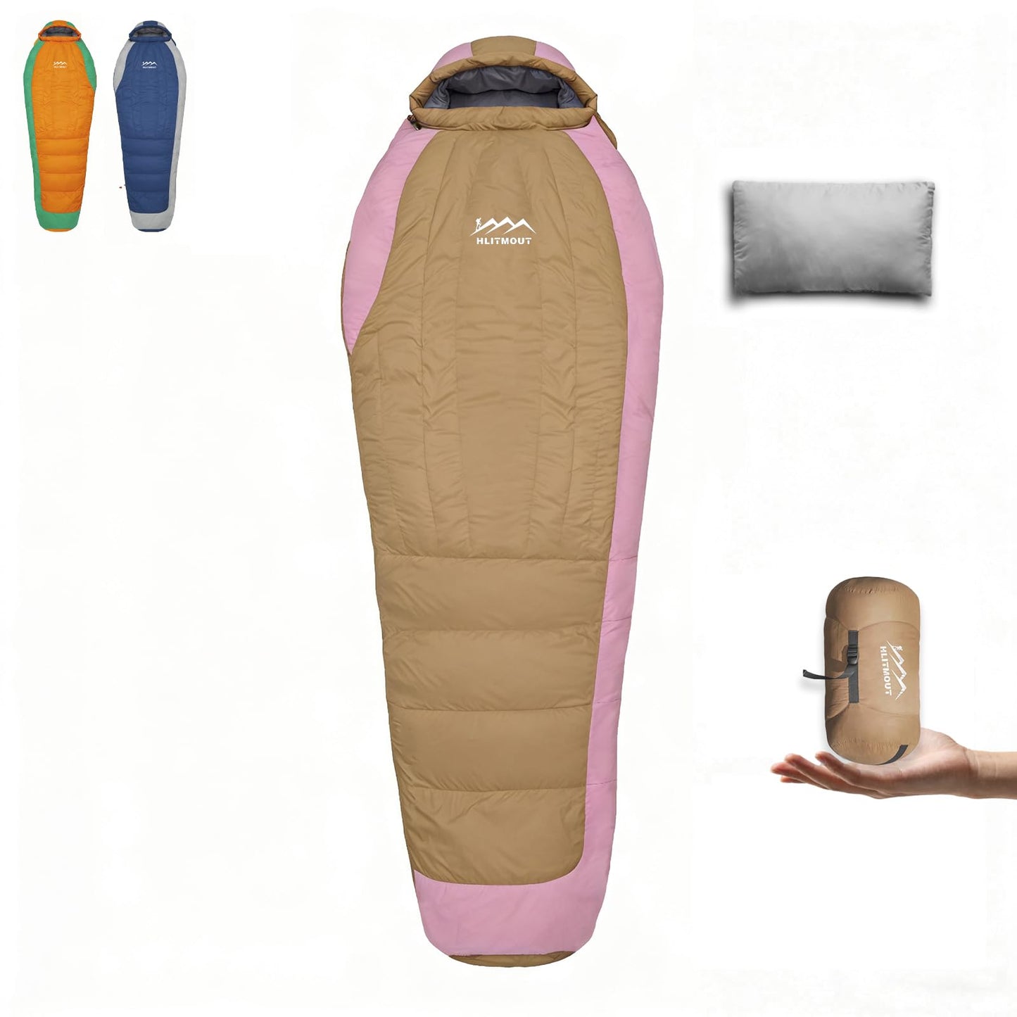 HLITMOUT Down Sleeping Bag for Backpacking with Pillow,15°F 32°F 45°F Ultralight Compact Mummy Sleeping Bag with 680FP Duck Down for Woman,Kids,Teens Camping and Hiking Outdoor