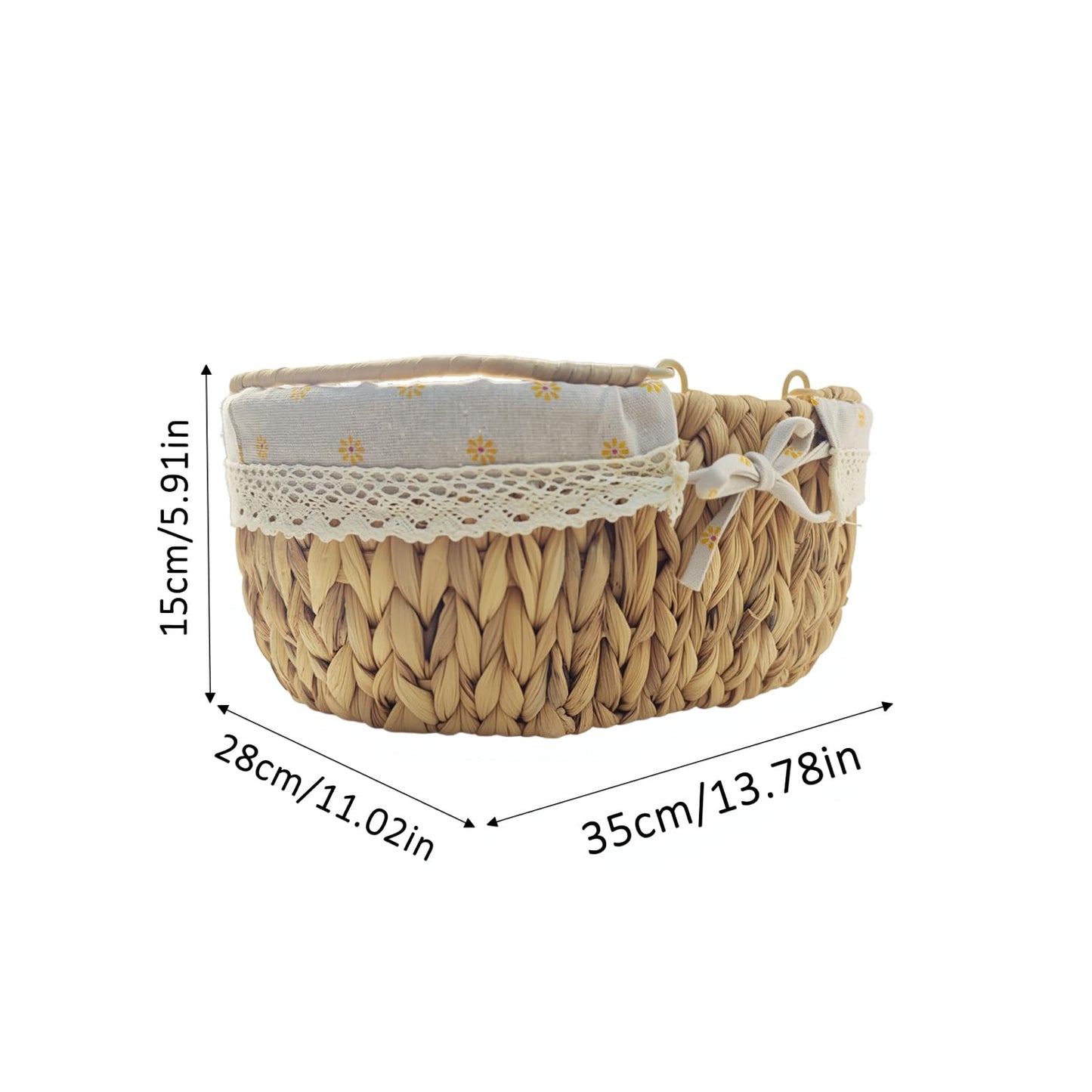 Oval Wicker Picnic Basket with Folding Handles and Lining for 2, Handwoven Water Hyacinth Hamper,Willow Hand Woven Shopping Basket, Bath Storage Camping Outdoor Beach Gift
