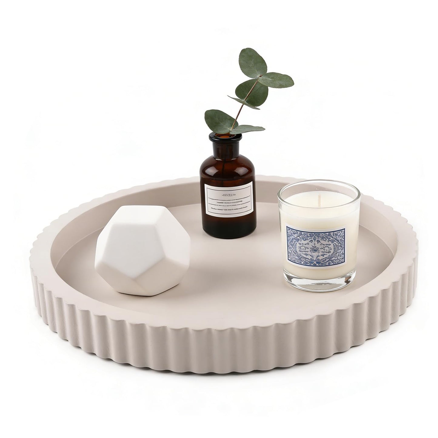 Modern Decorative Tray for Coffee Table, 11" Wooden Gray Beige Round Small Decor Tray for Candle, Perfume, Vanity, Kitchen Island Counter & Table Centerpiece