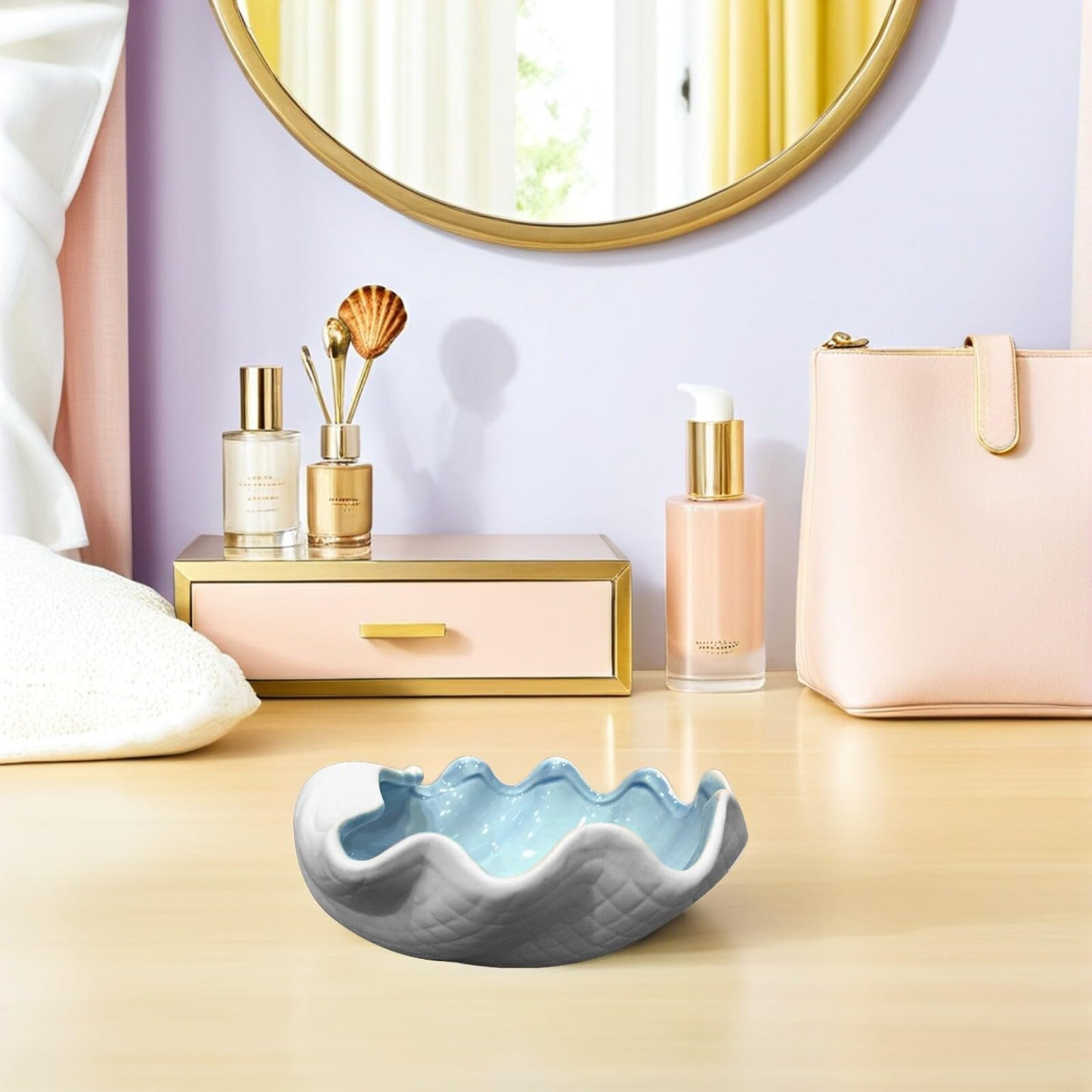 Garneck Shell Shape Jewelry Dish Tray - Ceramic Shell Candy Server Bowl - Multifunction Seashell Decor Bowl for Home Organising Jewellery, Holding Food (Bule)