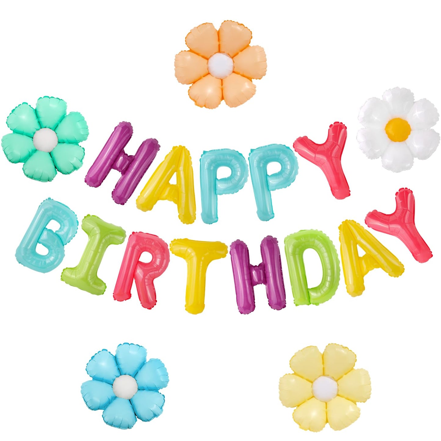 CANREVEL Happy Birthday Banner 13pcs 16 Inch Mylar Foil Letters with 5pcs Flowers Balloons Birthday Party Decorations for Kids and Adults - 3D Macaron
