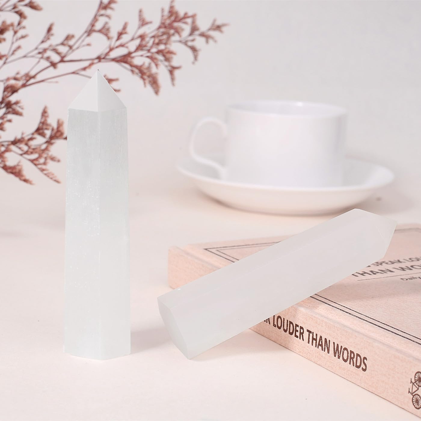 ZHIYUXI 3.7-4" Selenite Crystal Tower Gemstones Gifts Stone 1 Pc Large Crystals Hexagonal Pointed Crystal Wand Reiki Energy Balancing Meditation Therapy Decoration