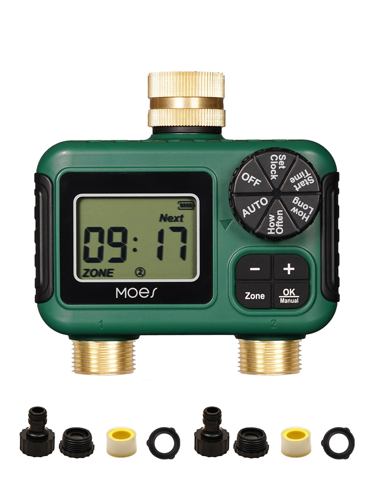 MOES 2 Outlet Sprinkler Timer, Brass Inlet & Outlet, Programmable Automatic Irrigation Controller, Rain Delay, Manual Watering, 2 Zone Water Hose Timer for Gardens, Lawns, and Hose Systems