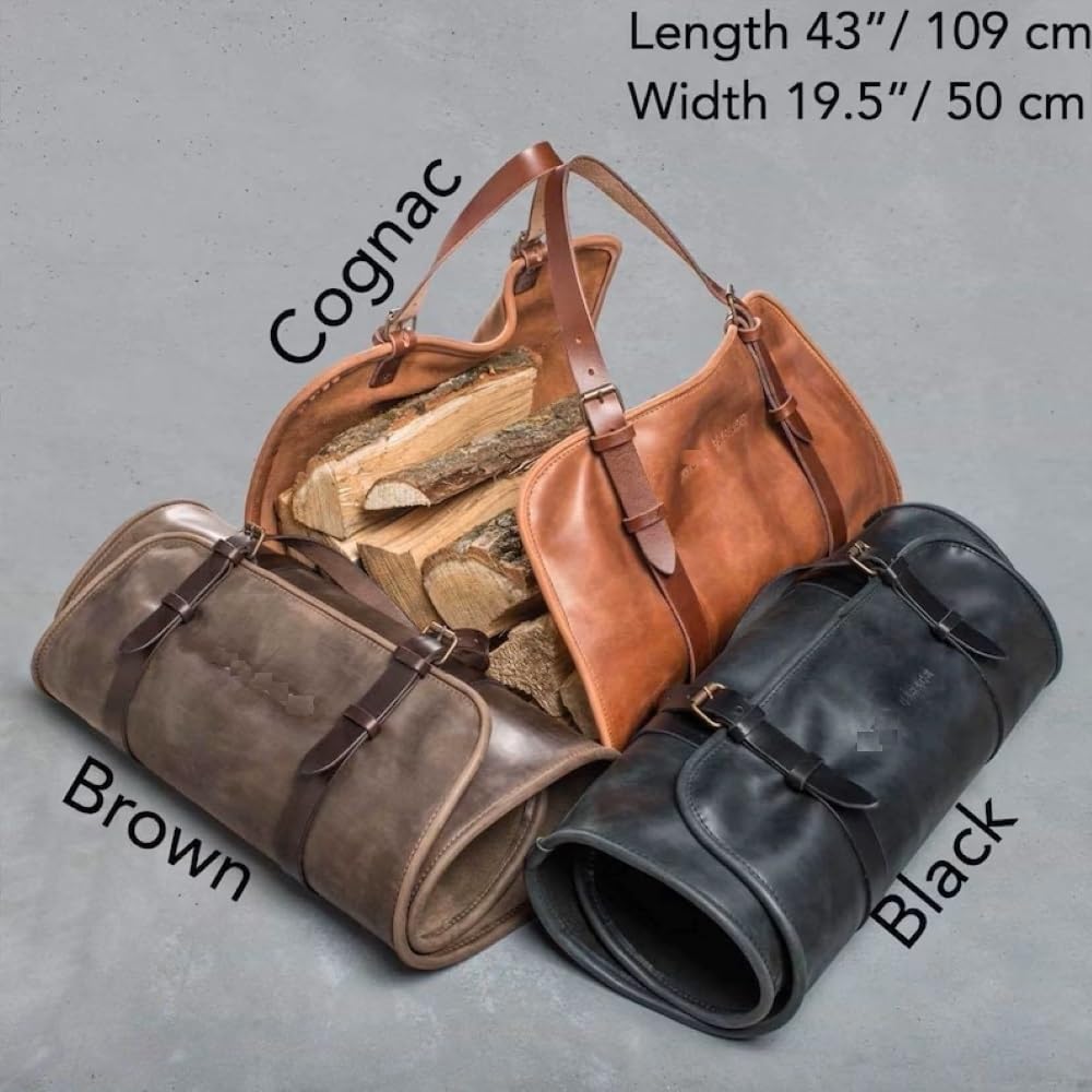 DarkRabbit Leather Firewood Carrier, Cabin Wood Log Carrier, Large Log Tote Bag for Fireplace, Campfire, or Outdoor Fire Pit | Heavy Duty Leather Wood Holder for Winter or Camping Stove 44X20