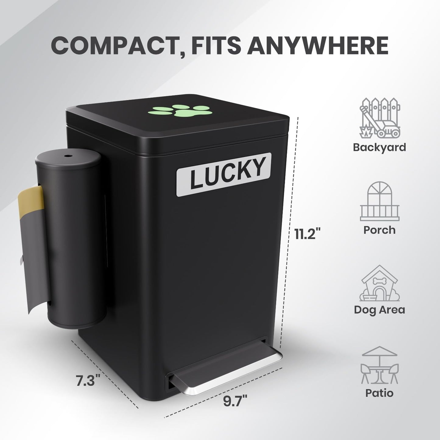 Dog Poop Trash Can Outside, 6L Metal Outdoor Dog Waste Bin with Lid & Soft Close Pedal, Pet Waste Container with Charcoal Filter, Removable Inner Bucket, Bag Holder, Stickers & Custom Name Plate