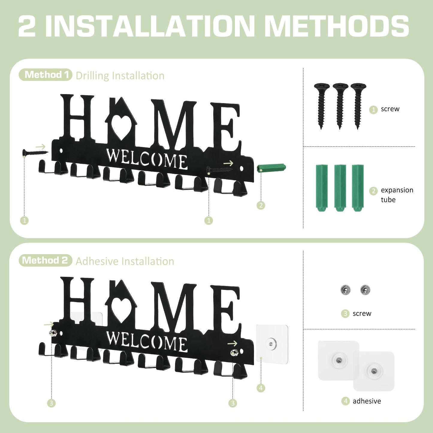 HOMEBROS Key Holder Wall Mount, Adhesive Metal Key Hanger with 6 Double Hooks, 2 Installation Methods, Black