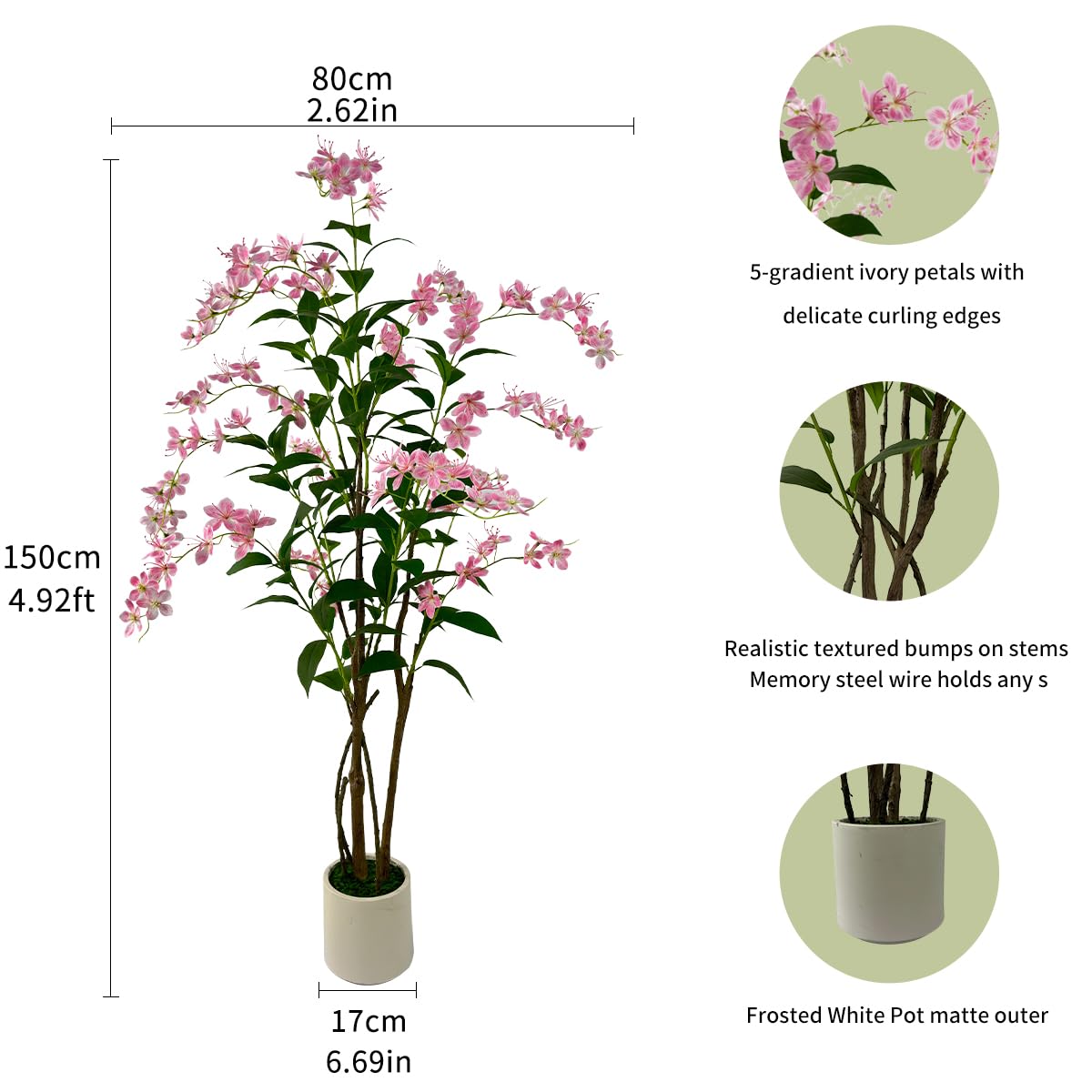 VIGGDA 5ft Artificial Jasmine Tree – Faux Potted Plant with Pink Blooms, Fake Silk Tree for Indoor Home Decor, Realistic Tall Fake Plant for Living Room, Bedroom & Office