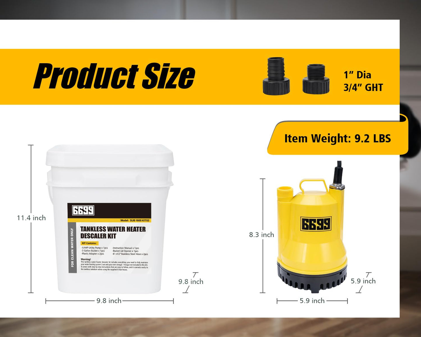 6699 Tankless Water Heater Flush Kit Includes 1/4HP Sump Pump with Two Adapters & 3 Gallons Pail with Bucket Lid Opener & Two 1/2” Dia X 6’ Hoses with Washers