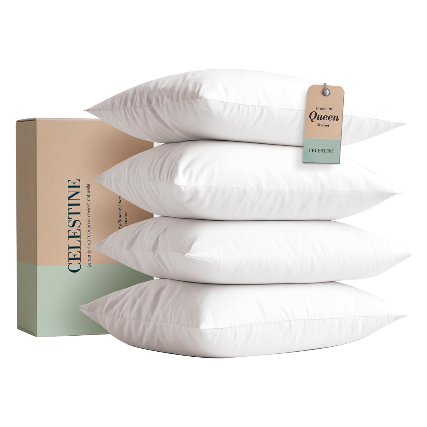Celestine Queen Size Pillows Set of 4 – Soft Down Alternative Microfiber Filling, Plush White 20x28 Bed Pillows for Side and Back Sleepers, Breathable, Supportive, Machine Washable Pillow Set