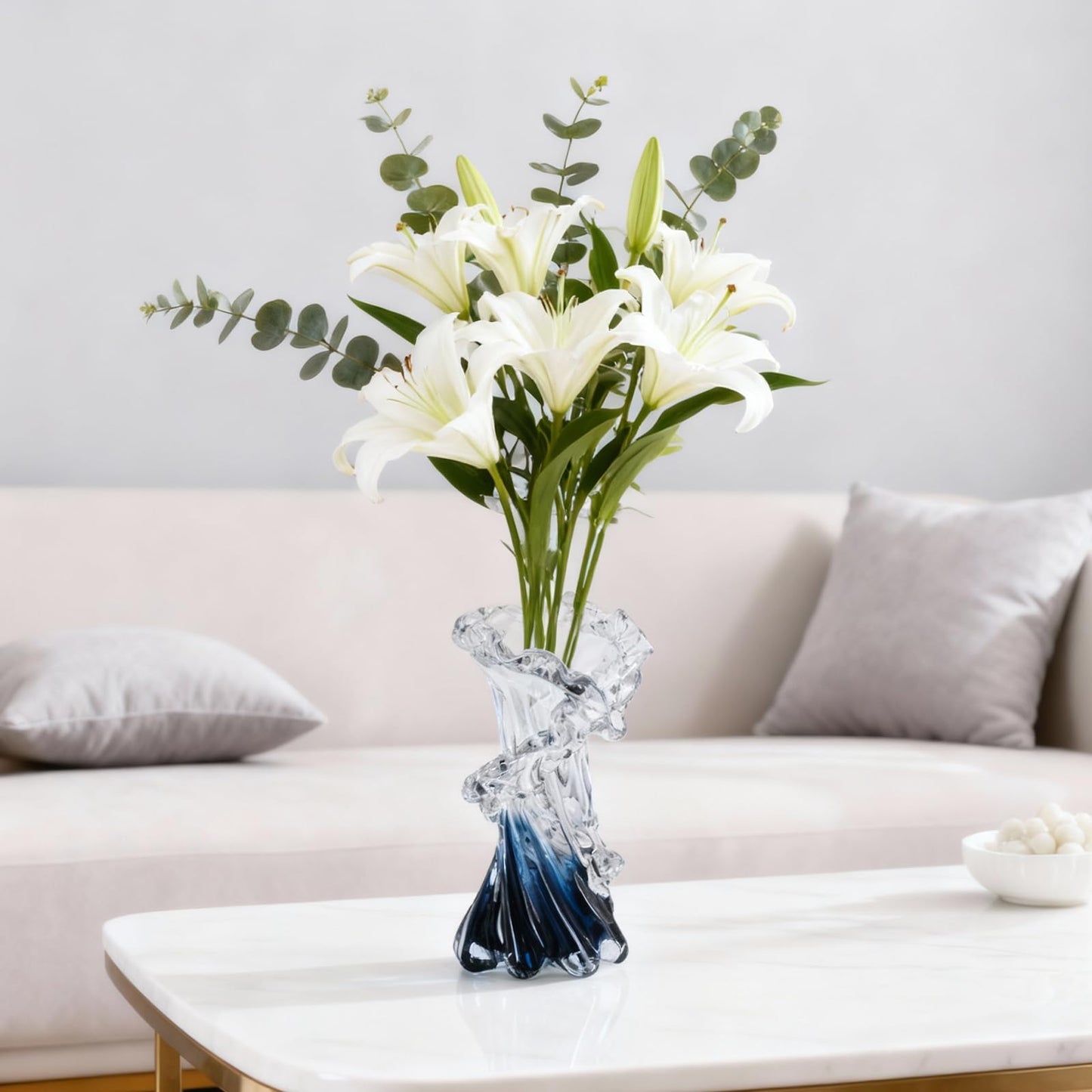 oliruim Hand Blown Blue Glass Vase, Unique Art Beautiful Ocean Glass Vase for Home Centerpiece, Coffee Table, Living Room, Office Decor - 8" H