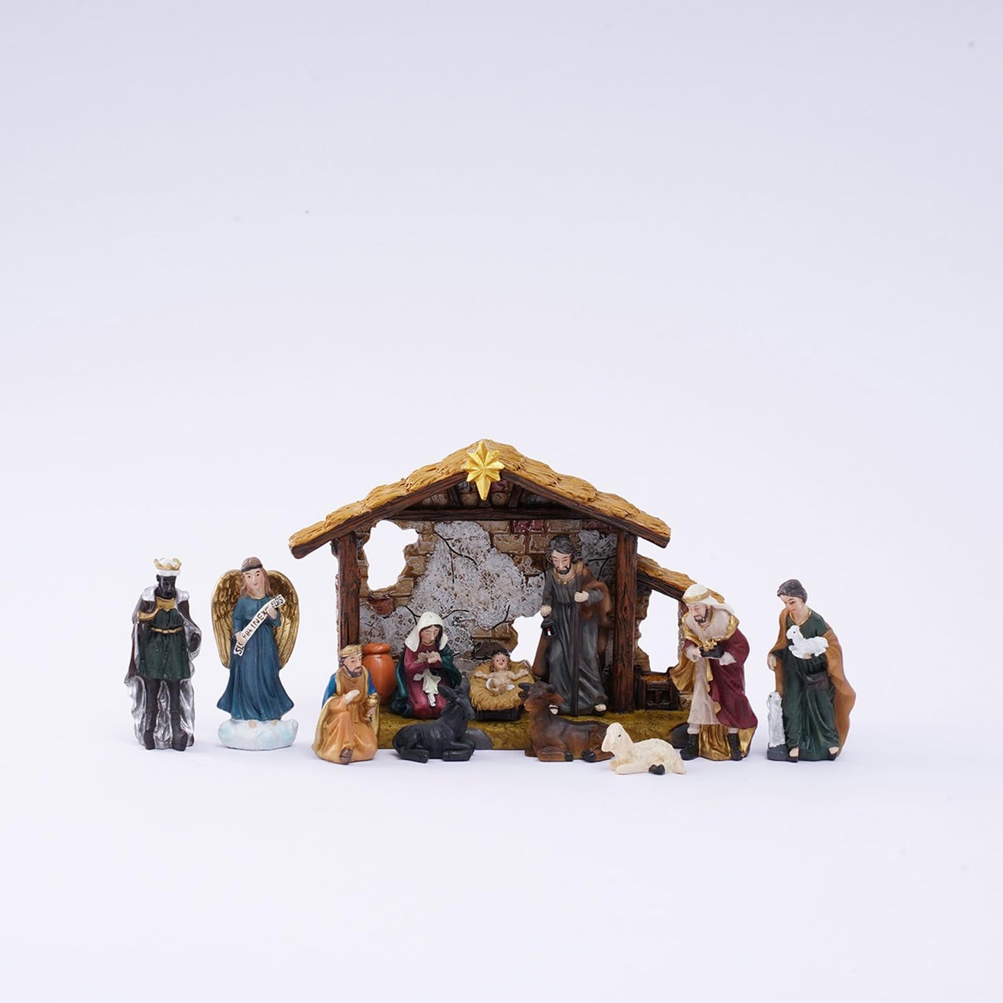 QZLUJIANG Traditional Christmas Nativity Scene Set with Stable, 12 Piece Resin Figurine Collection, Holiday Religious Decor (3.3inch)