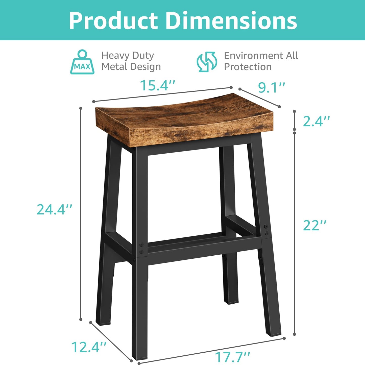 WINAZ Rustic Bar Stools, 24 Inch Barstools, Counter Height Stools with Footrest, Wooden Stool for Kitchen Island, Heavy Duty Backless Chair for Dining Table Farmhouse Outdoor 1 PC