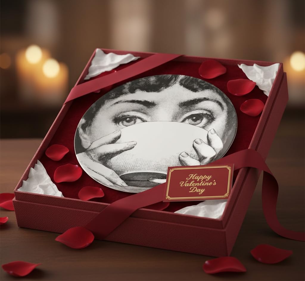 AlphaDesignLuxe 10" Italian-Style Decorative Plate – Modern Art Face Design, Handcrafted Ceramic Platter for Tabletop or Wall Display (Tea Cup)
