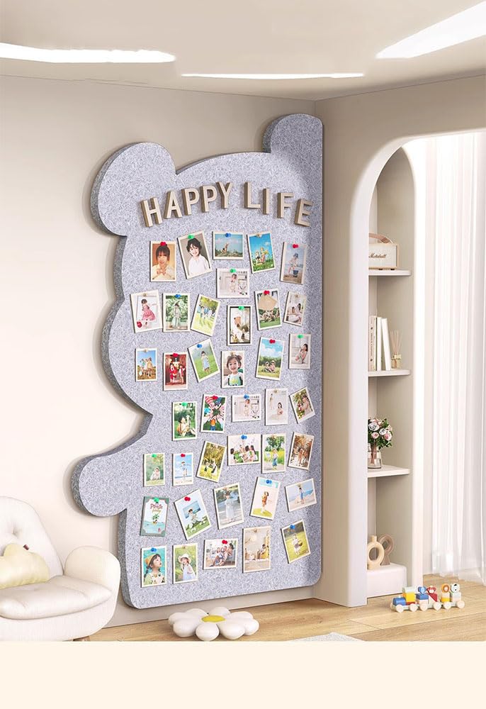 Bear Shaped Felt Wall Tiles Picture Display Board Decorative Creative Wall Aesthetic Photo Holder Bulletin Panel 31.4 * 47.2'' (Gray-Left)