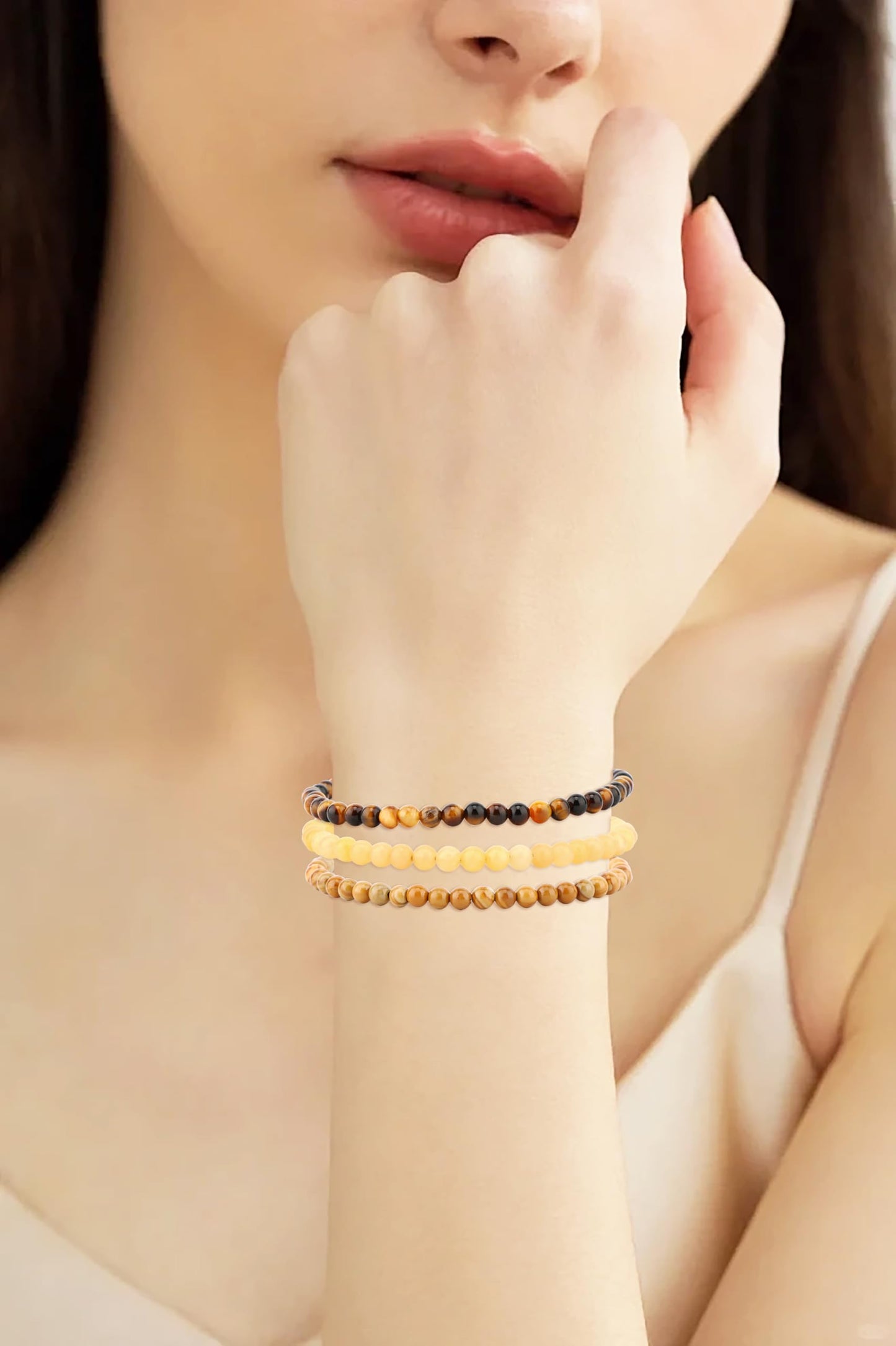 CMBYN 3-Pieces 4mm Natural Crystal Gemstone – ﻿Woodgrain Jasper, Yellow Jade, Yellow Tiger's Eye Handmade Reiki Energy Healing Stretch Bracelets Jewelry for Yoga, Meditation, Unisex