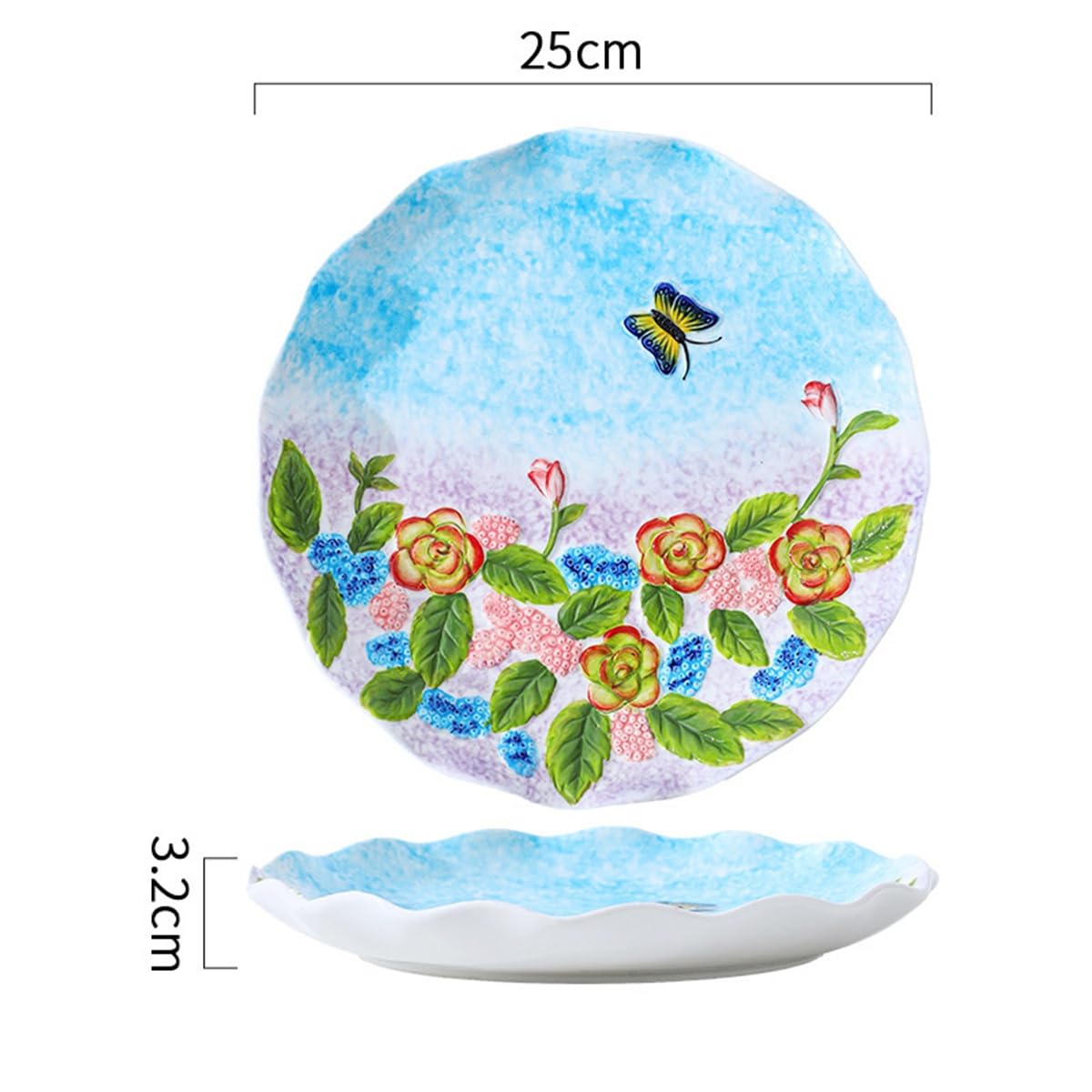 Handmade Relief Painted Ceramic Plates with Lifelike Floral & Butterfly Patterns, Smooth Glossy Decorative Serving Plates for Salads, Snacks, Fruits & Appetizers, Warm Cozy Home Dining Ambiance