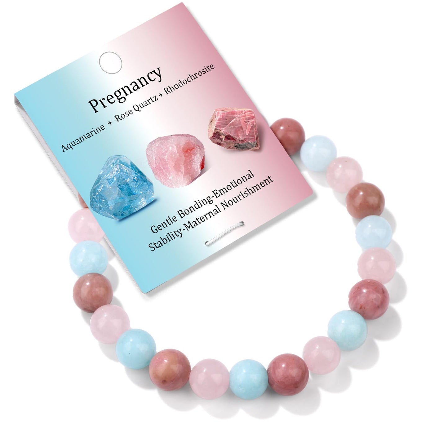 Bolinailo Healing Crystal Pregnancy Bracelet 8mm Crystal Beaded Bracelet for Women Men Natural Stones of Aquamarine, Rose Quartz and Rhodochrosite Handmade Gemstone Reiki Spiritual Jewelry Gifts
