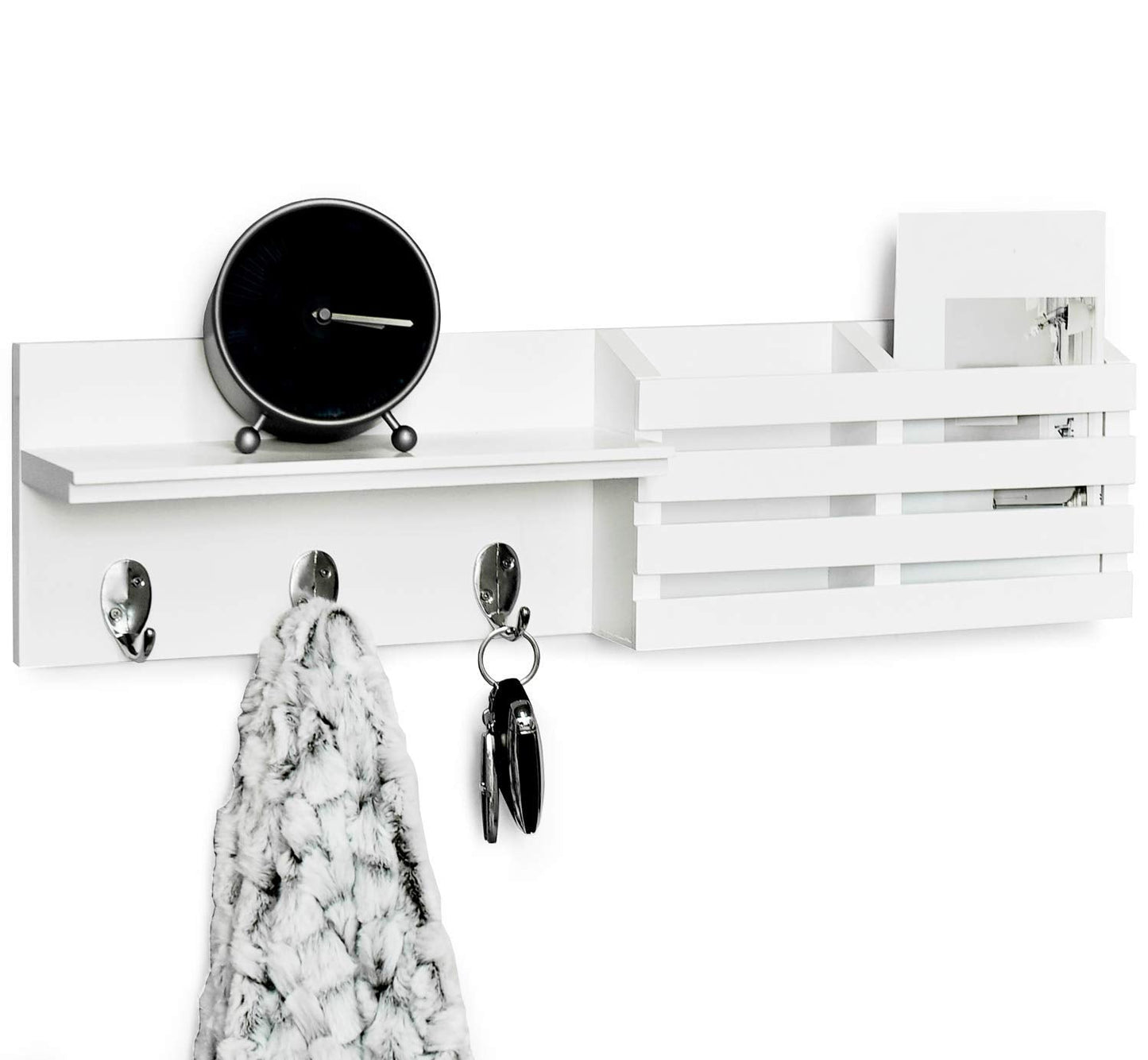 Greenco Entryway Wall Mounted Floating Shelf Letter Holder with Hooks, Hat and Coat Wooden Hanging Storage Shelf, 24” – White