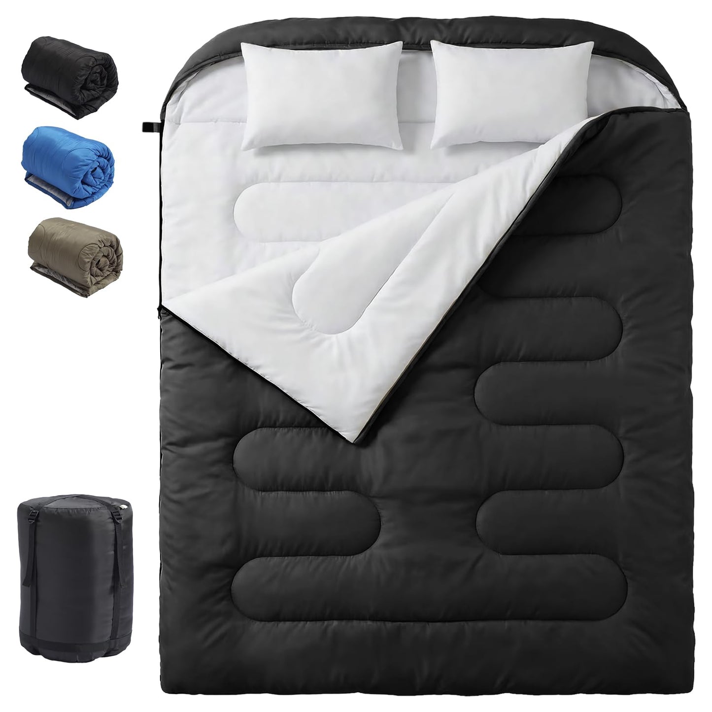 OLIXIS Double Sleeping Bag for Adults with Pillow, Lightweight Portable Large Sleeping Bag for 2 Person, Cold Weather & Warm Sleep Bag for 3 Seasons Backpacking, Camping, Hiking, Outdoor Adventure