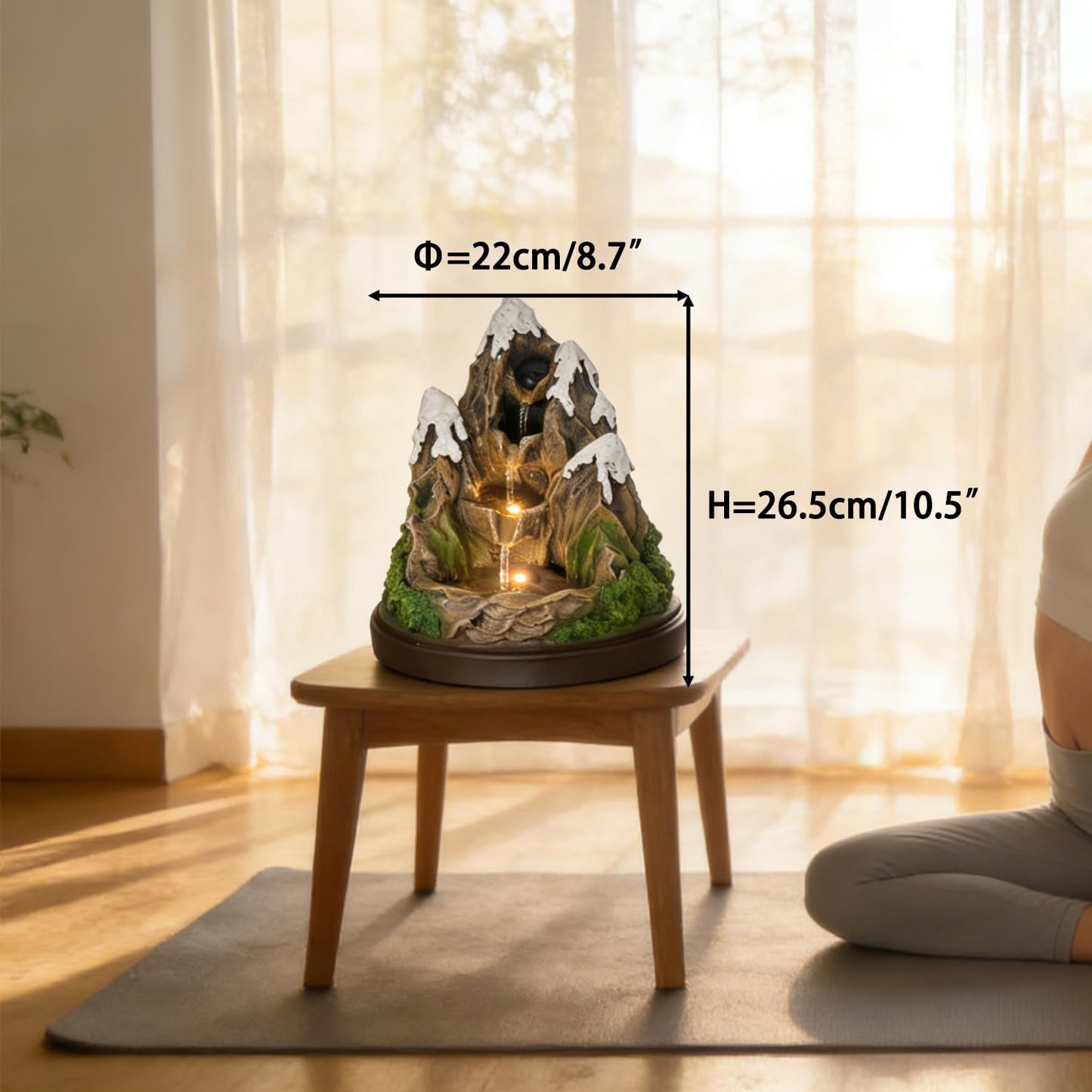 AOZITA Snow Mountain Tabletop Water Fountain 4-Tier Cascading Indoor Waterfall with Warm LED Lights, Realistic Rock Texturing & Moss Accents, Miniature Zen Landscape for Desk Home Office Decor