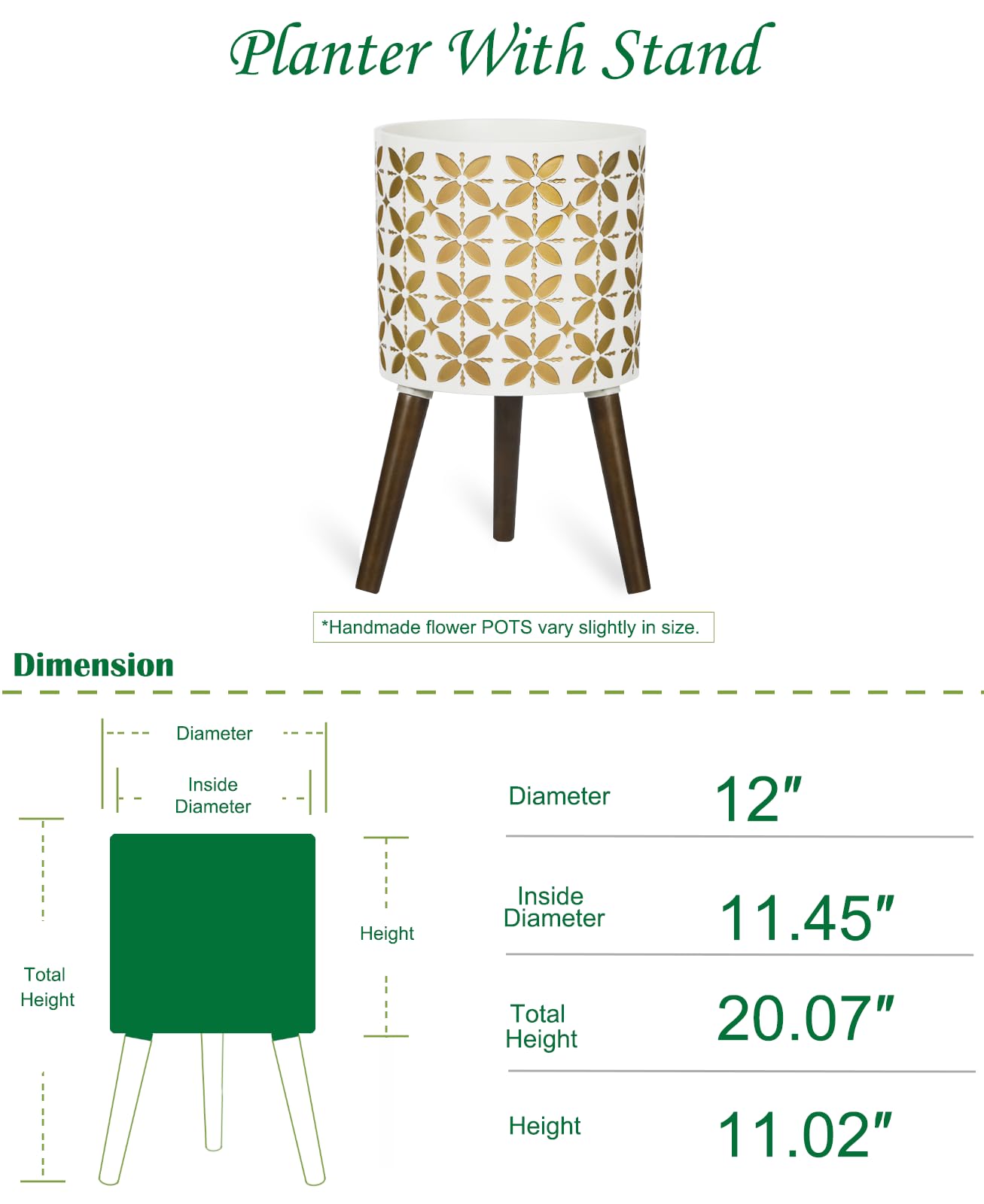 nacltlo12 Inch Planter with Stand, Plant Stand Indoor, Plant pots, Modern Mid-Century,Large Flower Planter Pot with Drainage Holes for Outdoor,White and xGold
