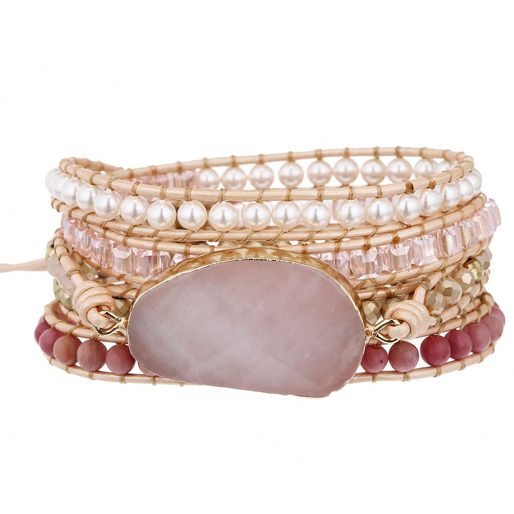 Plumiss Women Rose Quartz Wrap Bracelets Handmade Natural Stone Bead Crystal Hematite Mixed Strand Bracelet Jewelry