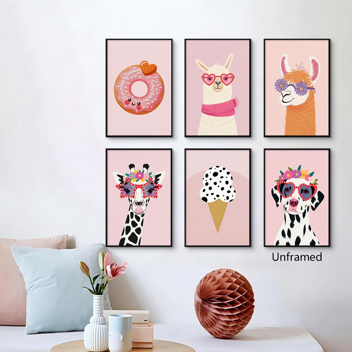 6pcs Pastel Pink Nursery Canvas Wall Art, Fashion Sunglasses Wearing Animal Poster, Cute Dog Giraffe Alpaca Kis Room Picture, Playful Ice Cream & Donut Print for Girls Playroom 8x12in Unframed