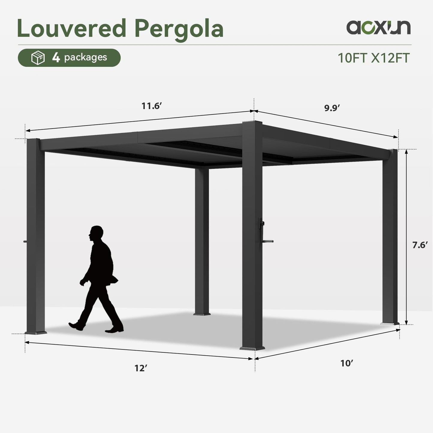 Aoxun Louvered Pergola 10' x 12' 96S Outdoor Metal Pergola with Adjustable Top for Decks, Gardens and Backyards, Easy Assembly via Structural Patent, Gray