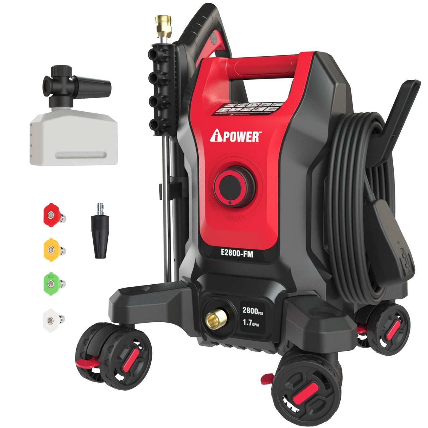 A-iPower Follow Me Electric Pressure Washer 2800 Max PSI 1.7 GPM Anti-Tipping Design with 5 Nozzles, Soap Dispense for Fences, Driveways, Patios, Cars, Home Cleaning, E2800-FM