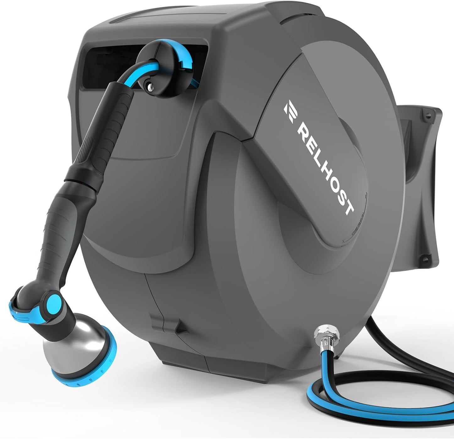 Relhost Retractable Garden Hose Reel, 1/2 in x 100 ft Wall Mount Heavy Duty Hose Reel with Any-Length Lock, Auto Rewind System, 180° Swivel Bracket, and 10-Pattern Nozzle for Garden, Dark Grey