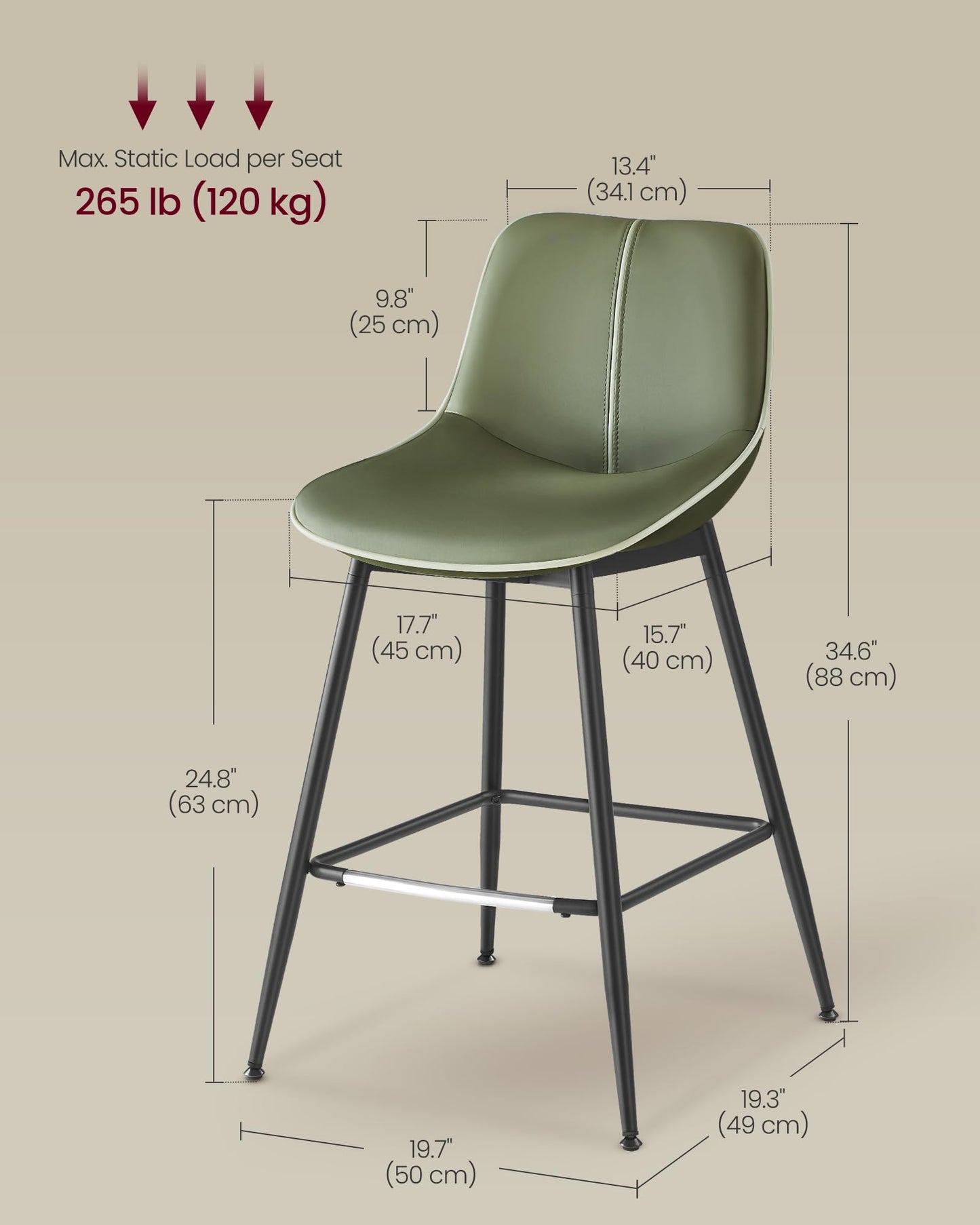 VASAGLE Bar Stools Set of 2, Counter Height Bar Stools with Back, Ergonomic Backrest, Synthetic Leather, Metal Legs, 24.8-Inch Tall Barstools for Kitchen Island Home Bar, Easy Assembly, Forest Green