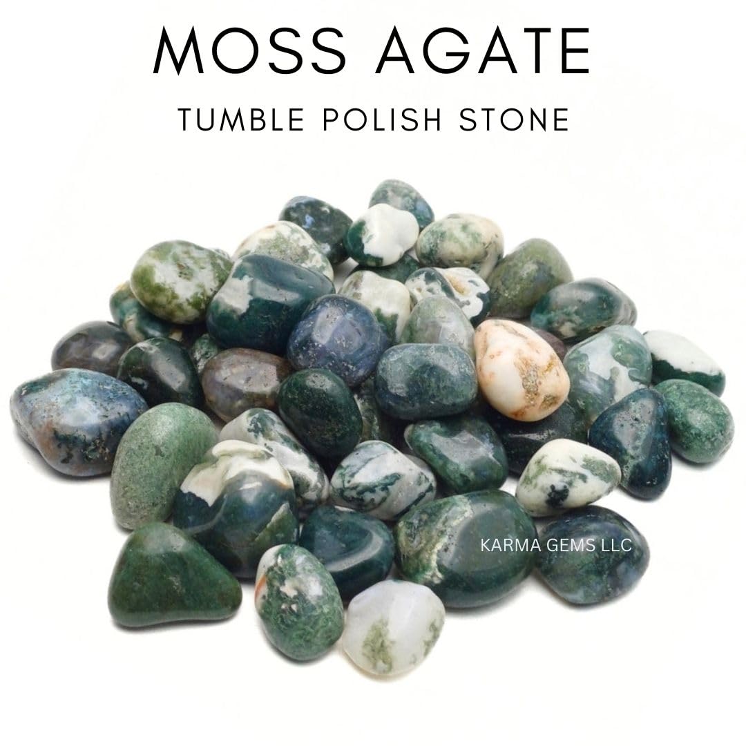 Karma Gems 1lb Moss Agate Tumbled Stones - Polished Stones for Positive Energy - Crystal Kit for Fresh Mind & Restful Sleep - Healing stone for Chakra Balancing -Ideal for Gift & Home Decor (15-25 Mm)
