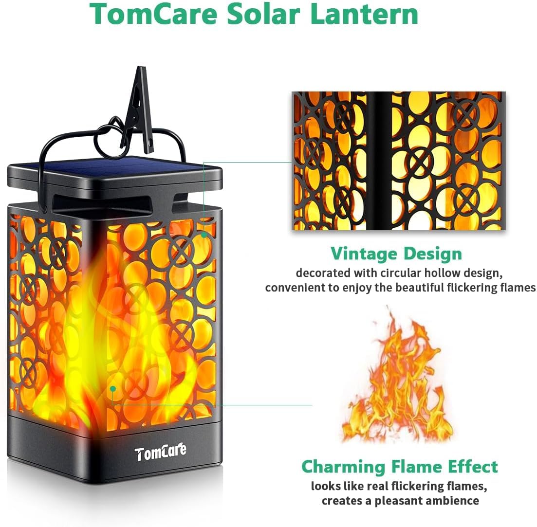 TomCare Solar Lanterns Outdoor Upgraded Flickering Flame Waterproof Hanging Lanterns Decorative Solar Powered LED Lights for Garden Patio Deck Yard, 2 Pack
