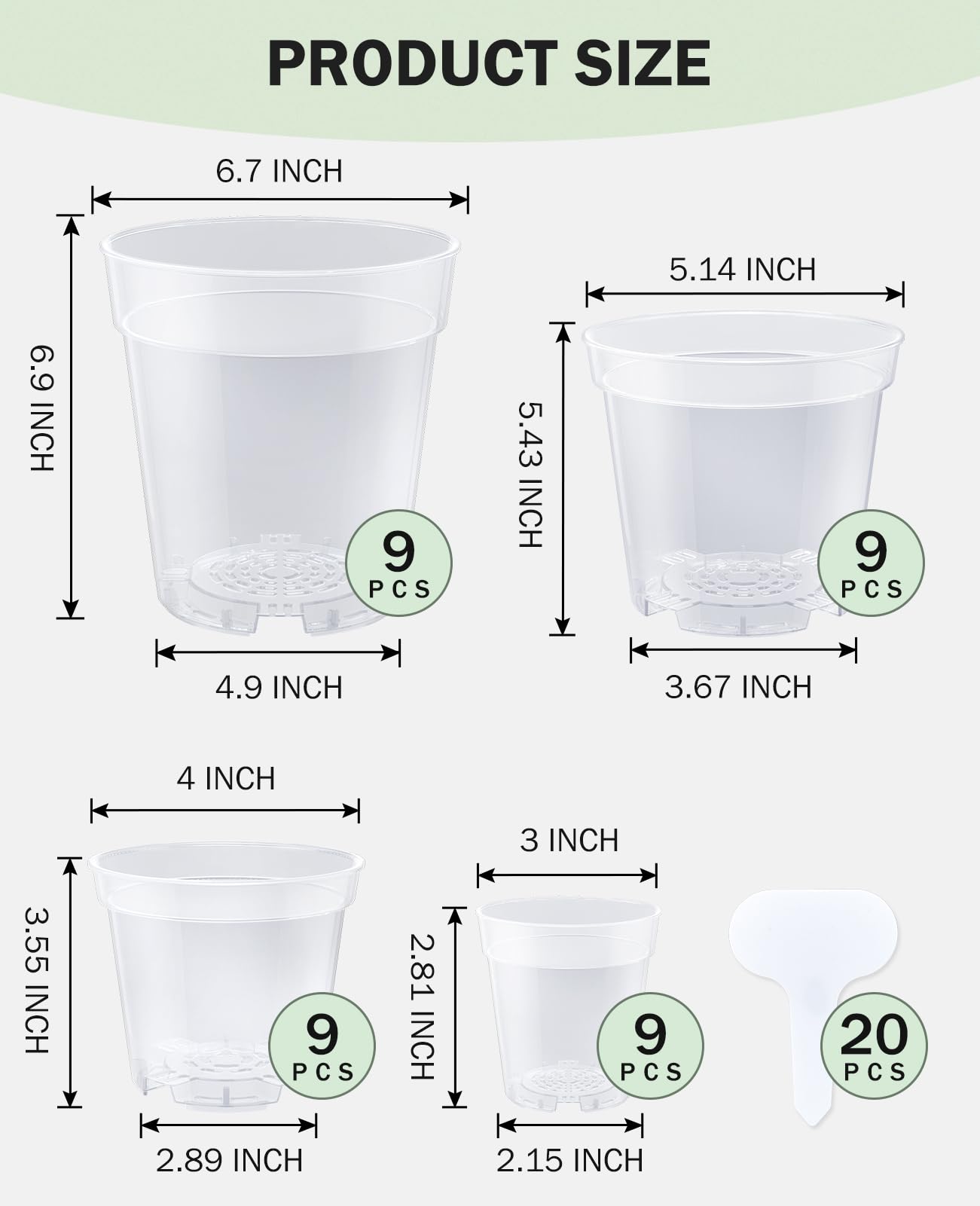 homenote Clear Nursery Pots for Plants,3/4/5/6.7 Inch Plant Pot for Planting Plastic Seedling Pots with Drainage Holes Seed Starter Pot Flower Pots High Transparency with 20 Plant Labels (36 Pack)