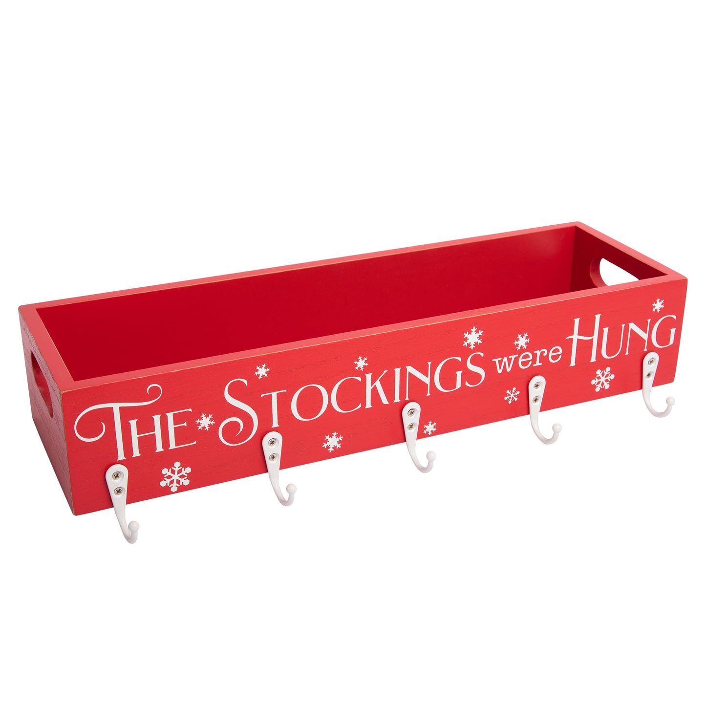 HPC Decor Christmas Stocking Holders, Wooden Box with 5 Hook Stockings Hangers Christmas Decoration for Fireplace Mantel Wood Organizer Storage