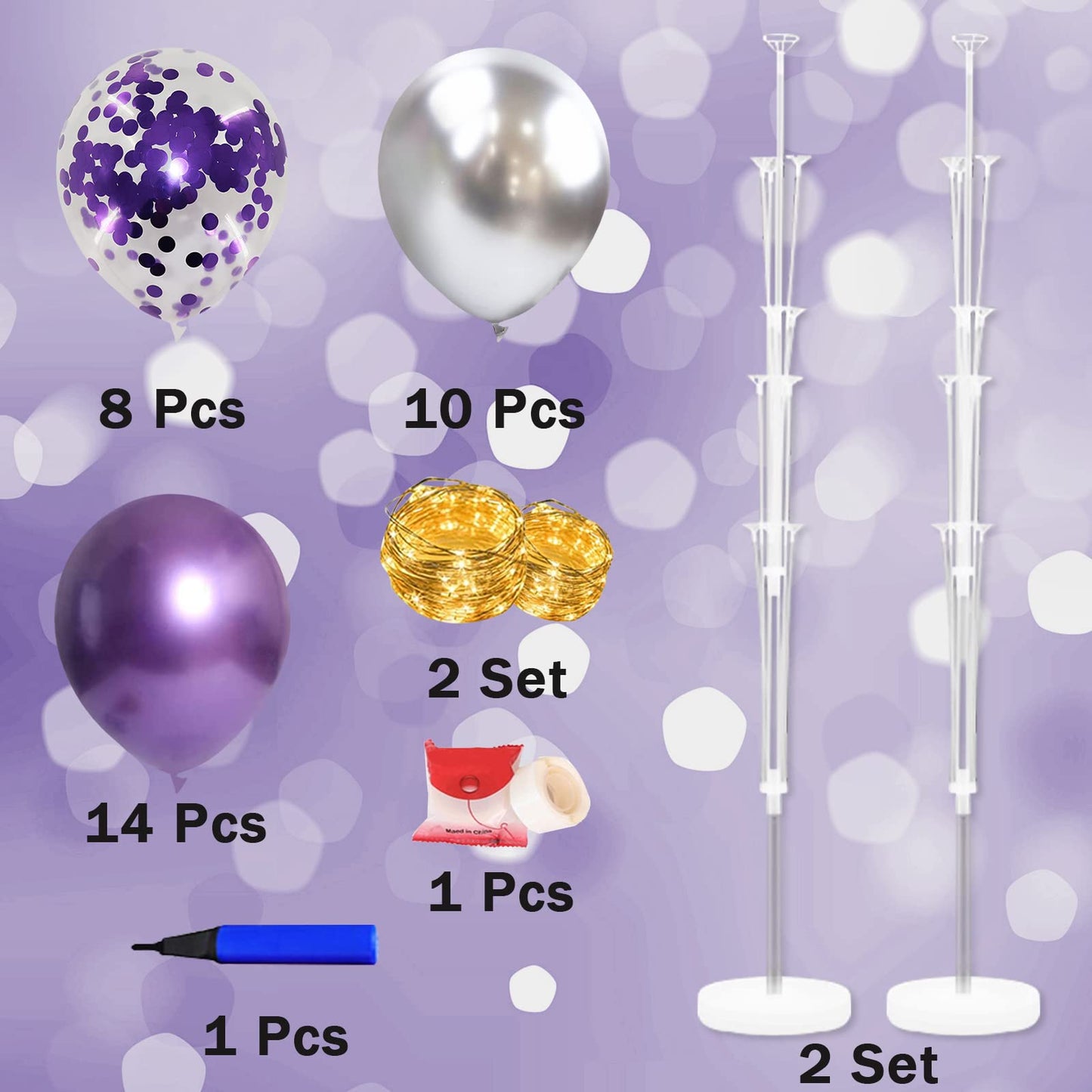 Cicicooie 2 Set Floor Balloon Stand Kit with String Light Balloon Holder Centerpieces Floor Decoration for Birthday Party Bachelorette Party (Purple&Silver)
