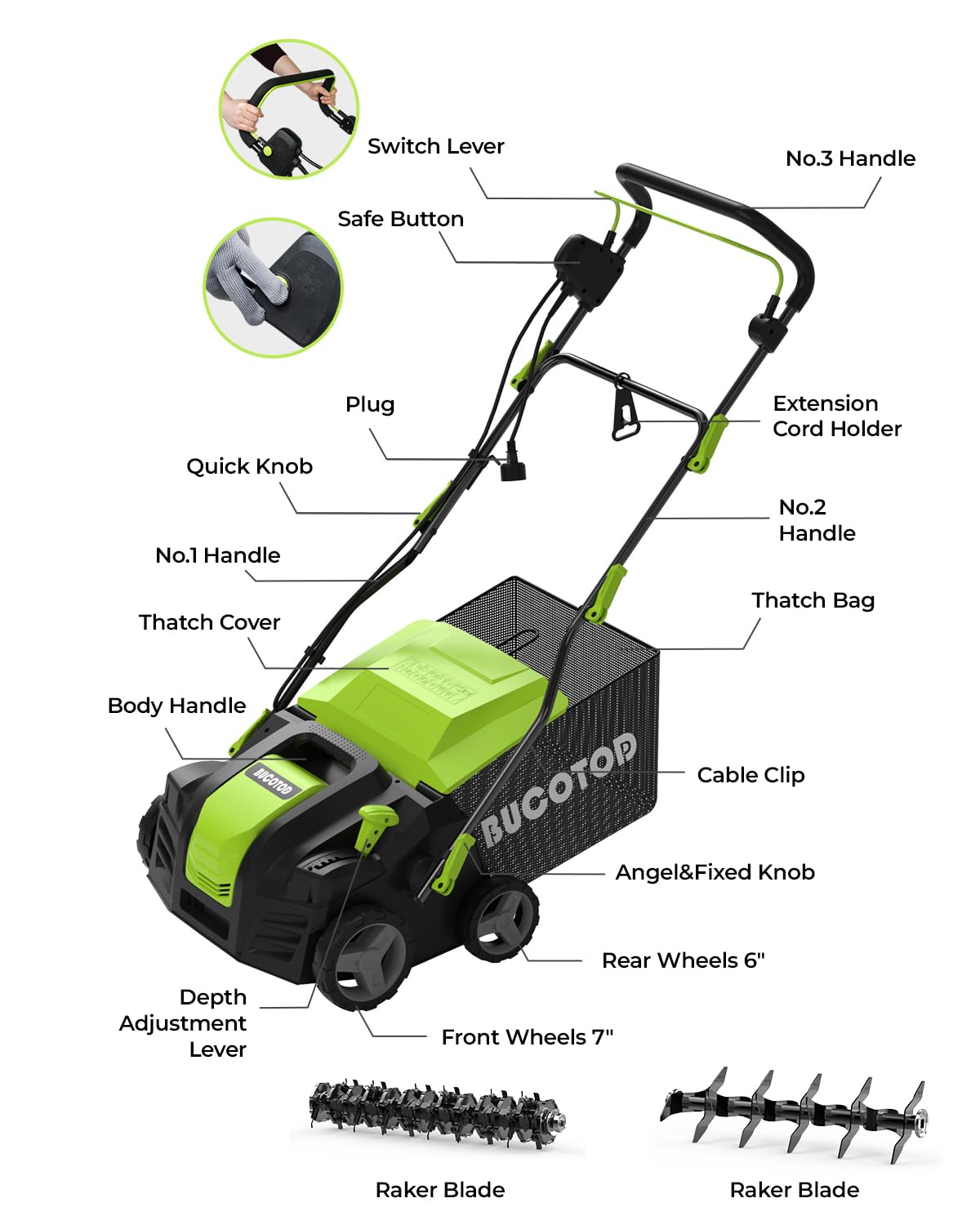2-in-1 Dethatcher & 16-Inch Scarifier Electric Corded, 15 Amp Copper Motor, Electric Lawn Dethatcher with 5-Position Depth Adjustment, 14.5 gal Thatch Bag,Walk Behind for Yard Lawn Garden Care