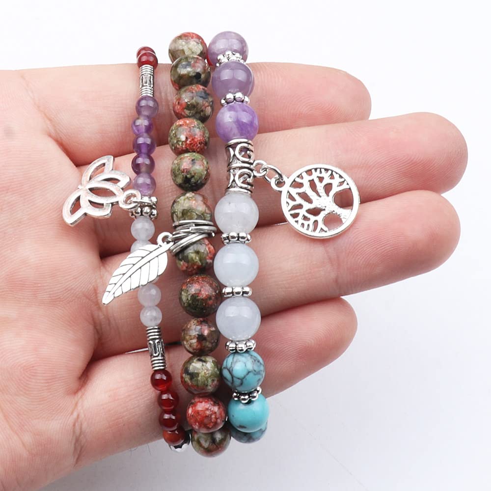 UEUC Gemstone Chakra Bracelets for Women, Multilayer Tree of Life Lotus Crystal Healing Stone Bracelet Sets, Yoga Meditation Reiki Relax Bracelets for Stress Relief(#138)