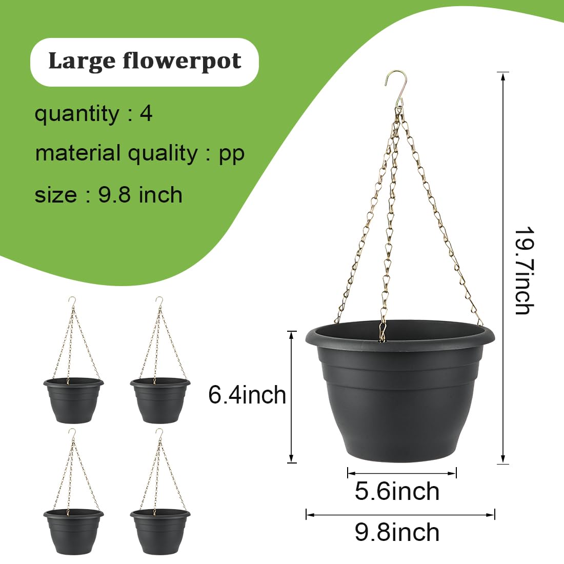 RooTrimmer Hanging Planters 10 Inch, 4 Pcs Flower Pots with Drainage Hole, Self Watering Hanging Basket for Indoor Outdoor Plants, Decor, Gray