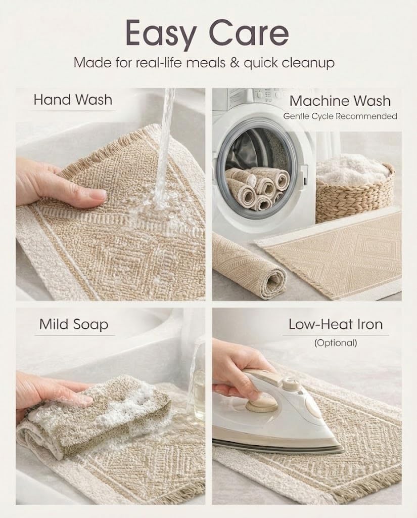 GleeNflux Placemats Set of 6, Fabric Placemats for Dining Table, Woven Polyester Place Mats with Fringe, Machine Washable, Khaki Geometric Table Mats, Modern Table Decor, Housewarming Gift